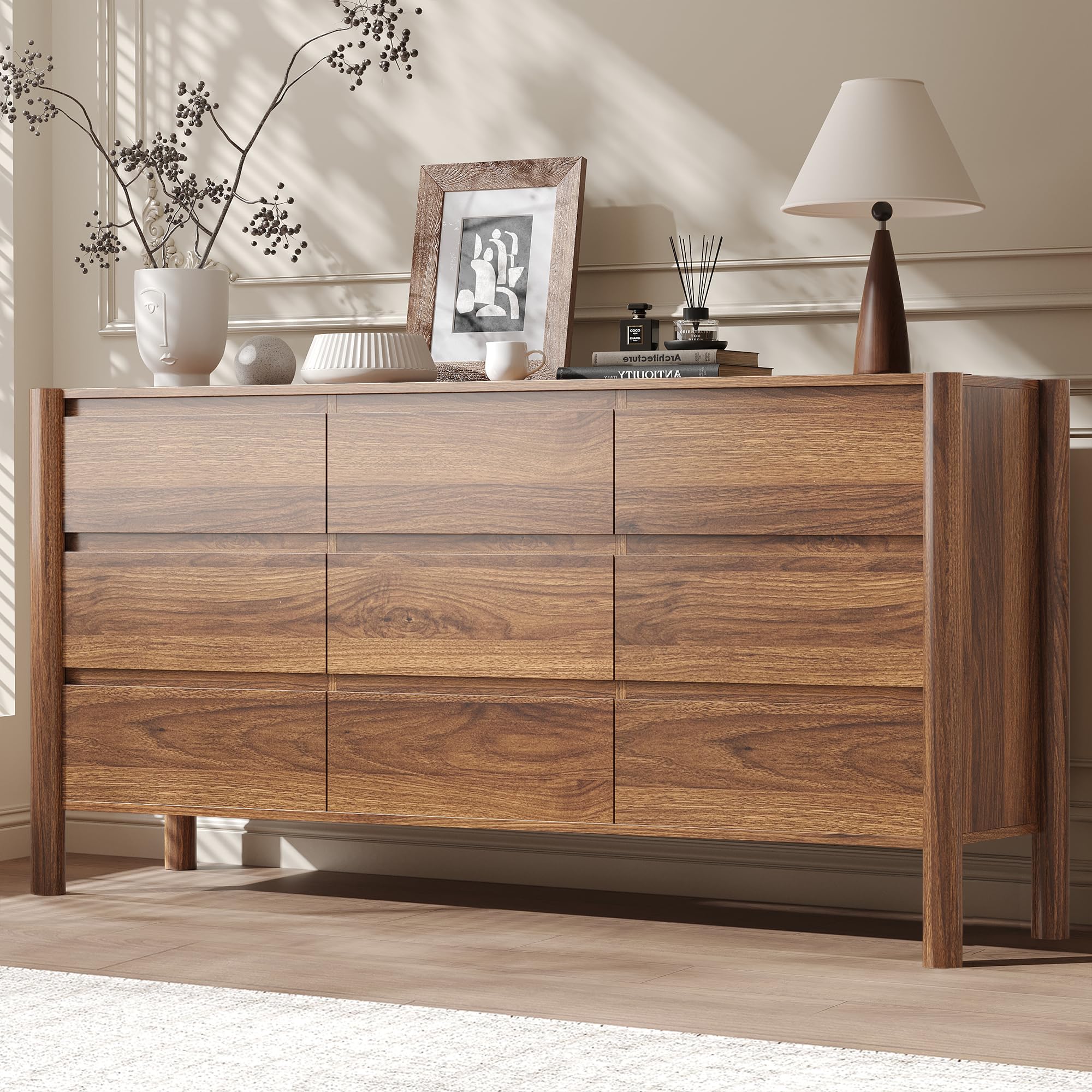 Amazon.com: CHUWELL Walnut Dresser for Bedroom, 63" Wide Mid Century Modern  Chest of Drawers with 9 Large Storage Space and 4 Solid Wood Cylindrical  Legs, 9 Drawer Large Dresser for Bedroom(Walnut) :