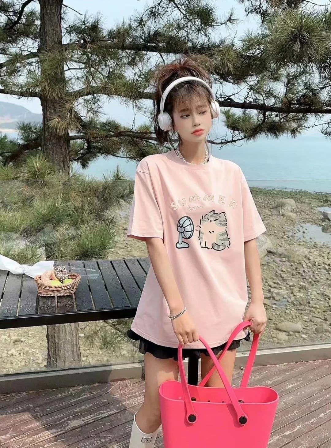 Women's Cute Cat Cartoon Print T-Shirt Kawaii Oversized Graphic Tees Y2K Men's Short Sleeve Tees Grunge Clothes - Image 2