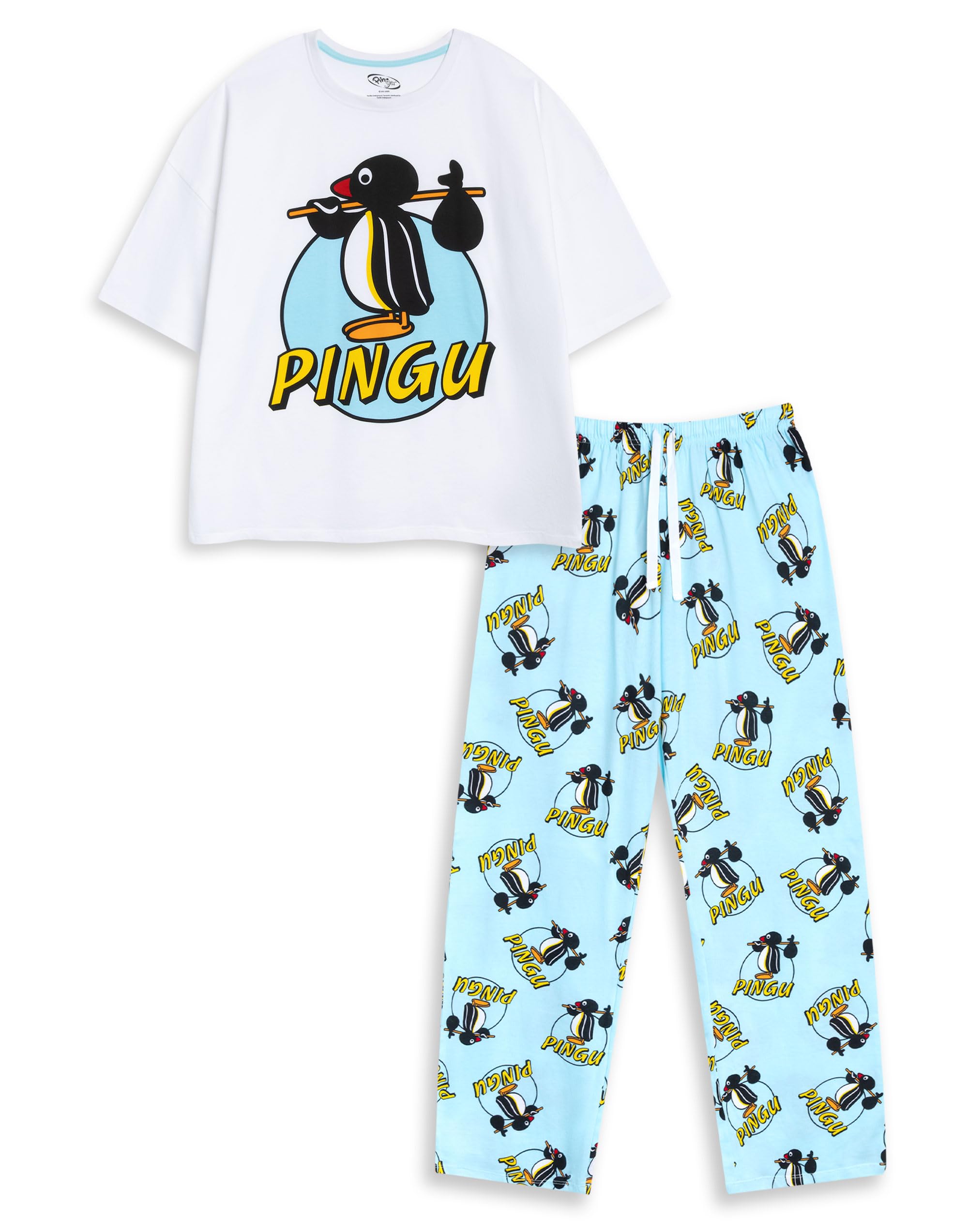 Pingu Womens White Blue Short Sleeve Long Leg Pyjama Set | Cartoon Character Sleepwear & Loungewear Print Nightwear for Relaxation Merch - XX-Large