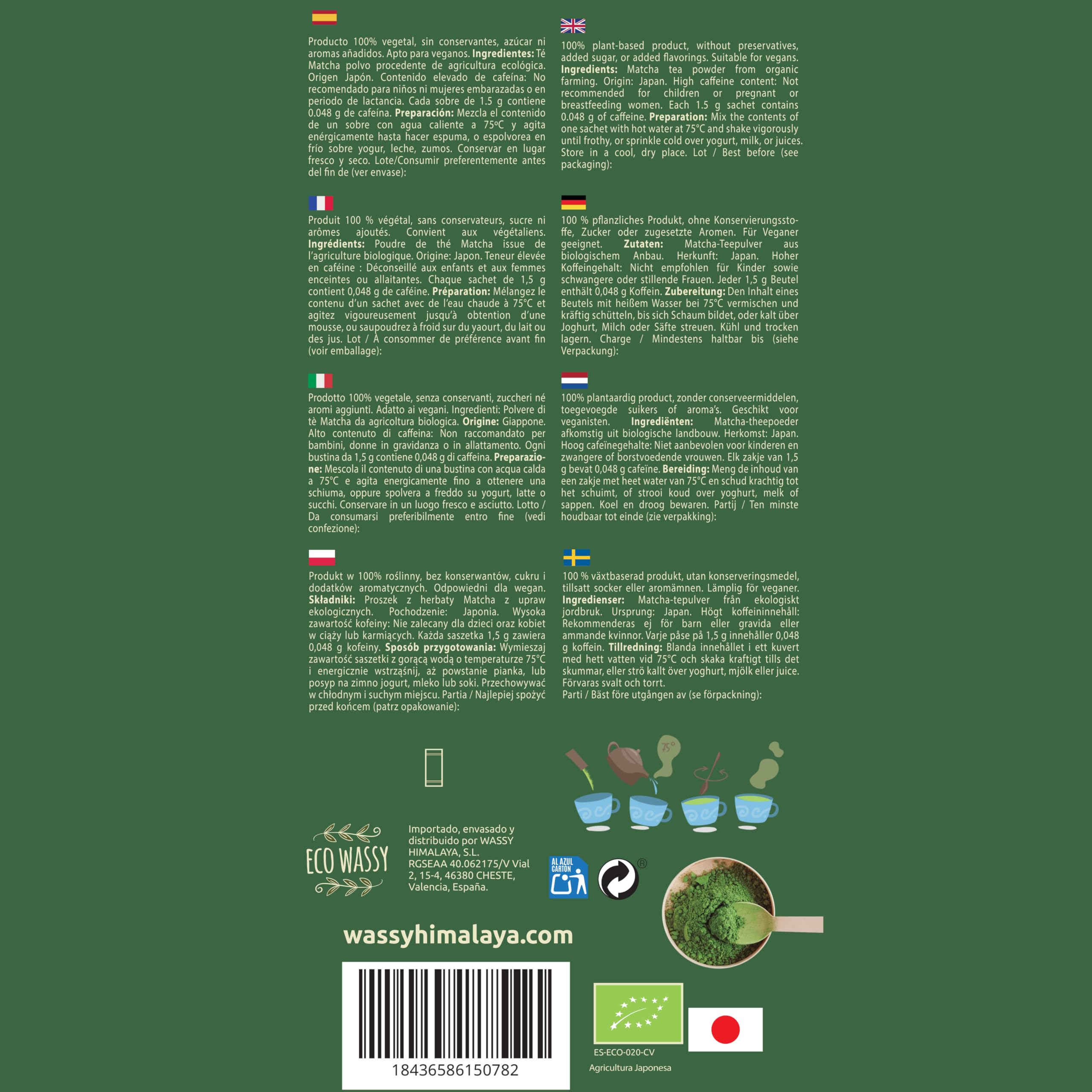 Thé Matcha JAPONAIS certifié. 50 doses de qualité CÉRÉMONIELLE. 50 bâtonnets individuels, pour un transport facile. Poudre de Matcha 100% naturelle.