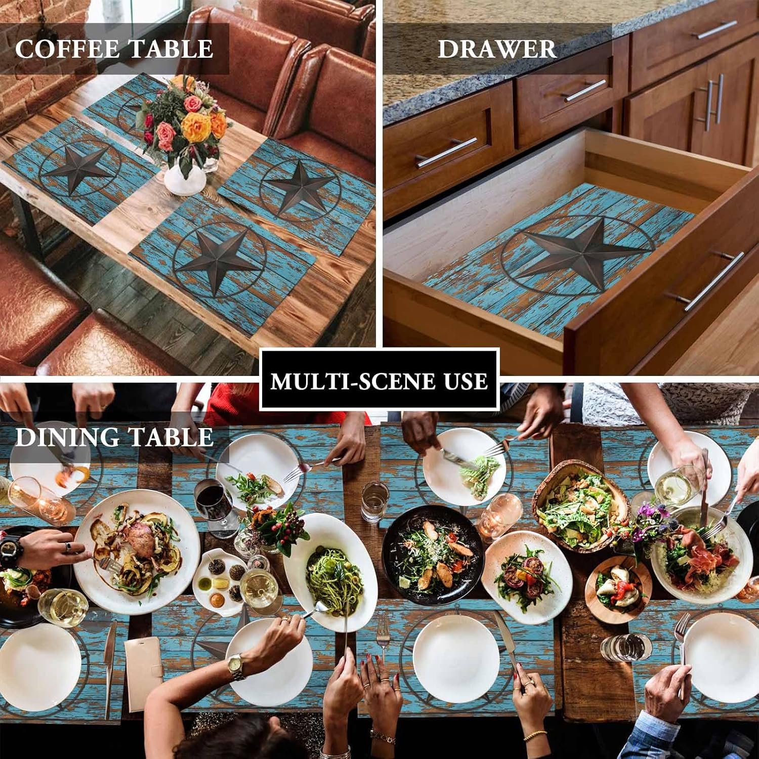 Chic D Indoor Placemats for Dining/Round/Kitchen Table, Texas Star Flag, Table Mats Set of 6 Washable Non-Slip Heat Resistant Table Placemats, Rustic Wooden, Suitable for Kids/Woman/Man