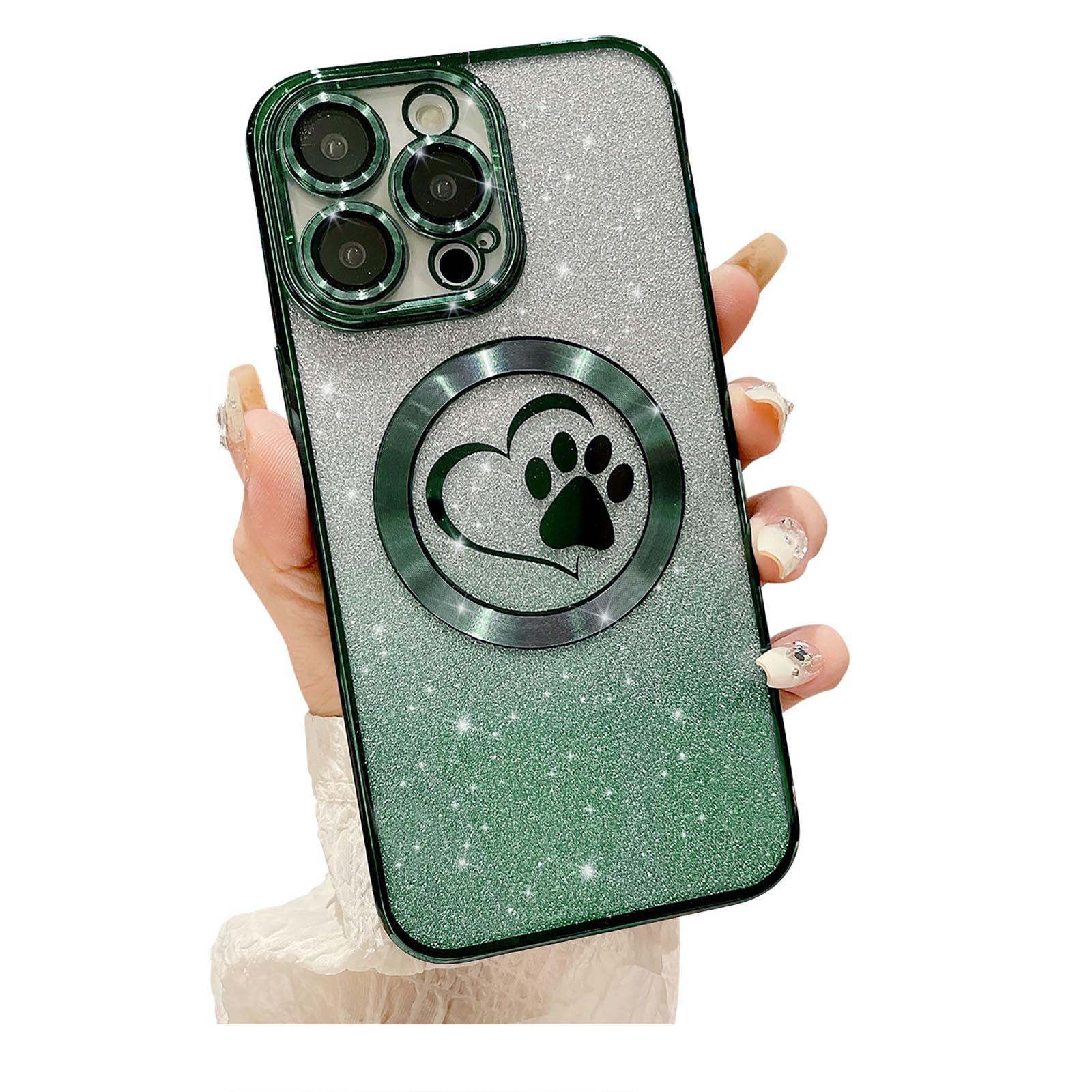for iPhone 14 Pro Max Case Glitter Clear Paw Love Heart Compatible with MagSafe, Strong Magnetic Full Camera Lens Protection Soft Slim Thin Cute Bling Phone Case - Green