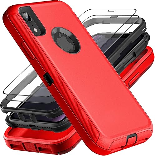 Funda para iPhone XR, grado militar 3 en 1, resistente a los golpes, a prueba de caídas, polvo con 2 protectores de pantalla de vidrio templado