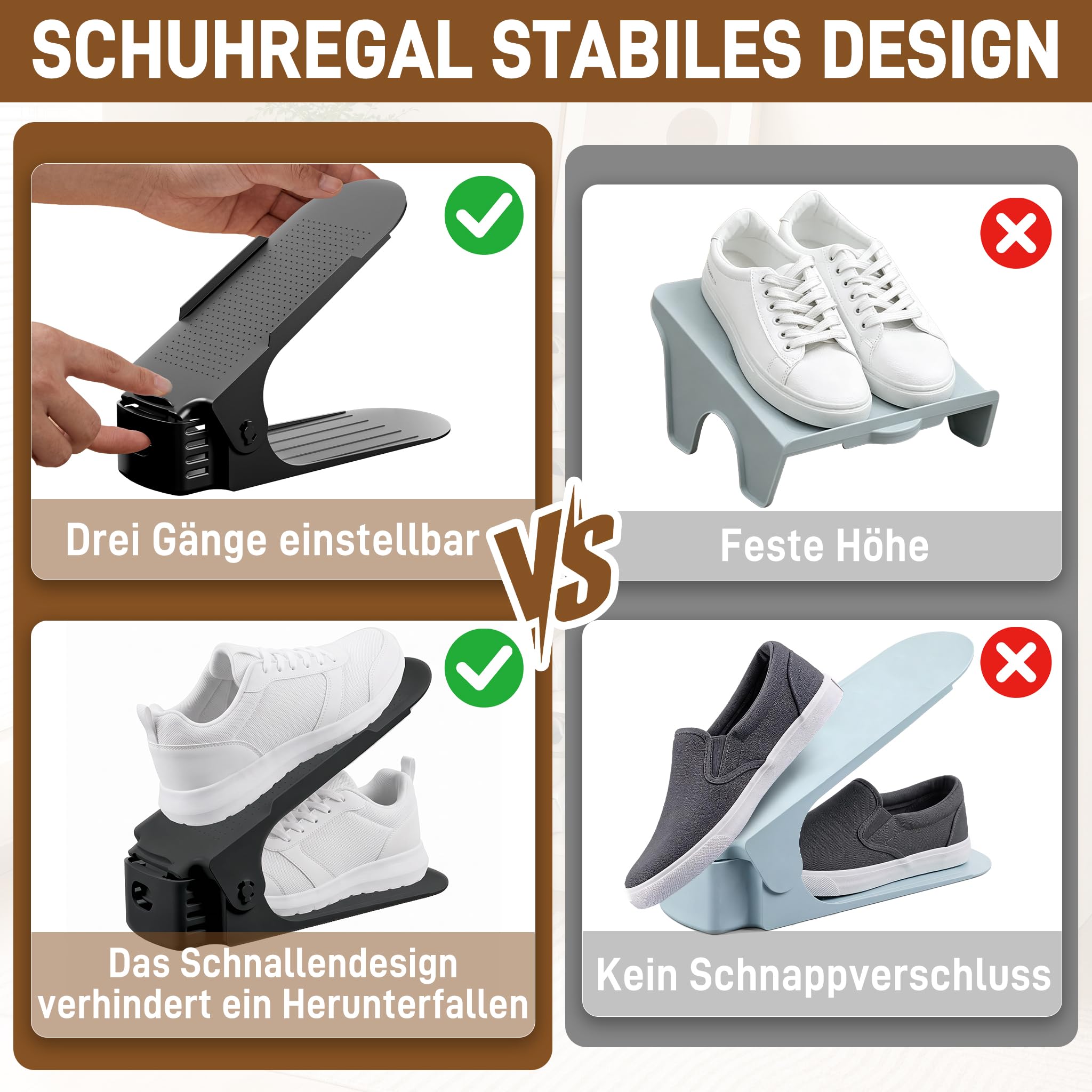 Froadp Lot de 30 organiseurs de chaussures réglables en polypropylène antidérapant avec 3 hauteurs réglables en hauteur - Double couche - Rangement peu encombrant - Noir