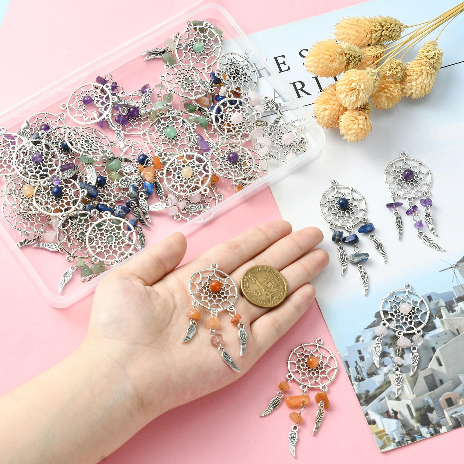 UR URLIFEHALL 30 Pcs 5 Styles Dangling Dream Catcher Charms Antique Silver Woven Net Web with Feather Charms for Keyring Jewellery Making - Image 3