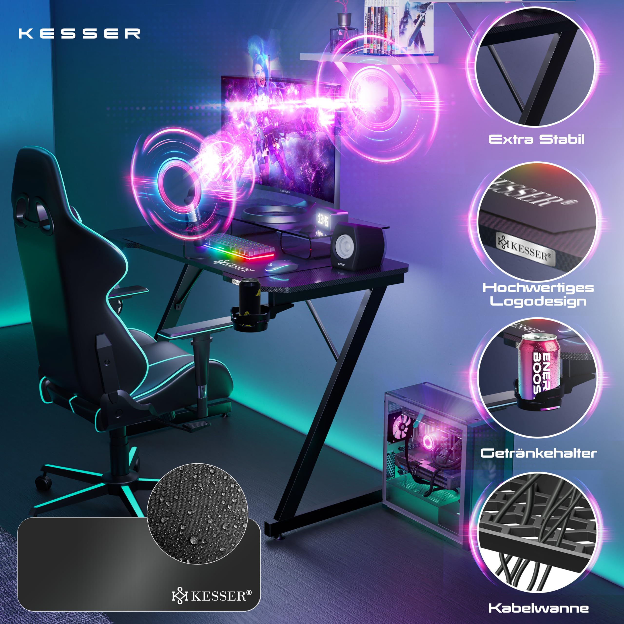 KESSER Bureau Gamer Z-Frame 100x60 Cm – Table PC Ergonomique – Porte-gobelet, Crochet Casque, Carbone – Noir