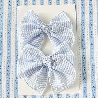 Blue Seersucker Pigtail Hair Bows Girls, Snap Clips Summer, School Holiday Formal Photo Prop Gift Idea, Boutique Accessory, Set of 2 Clips
