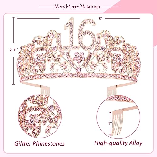 Miniatura 2 de VeryMerryMakering Banda y tiara de cumpleaños número 16 para niñas, juego fabuloso banda con purpurina + flores de diamantes de imitación rosa tiara