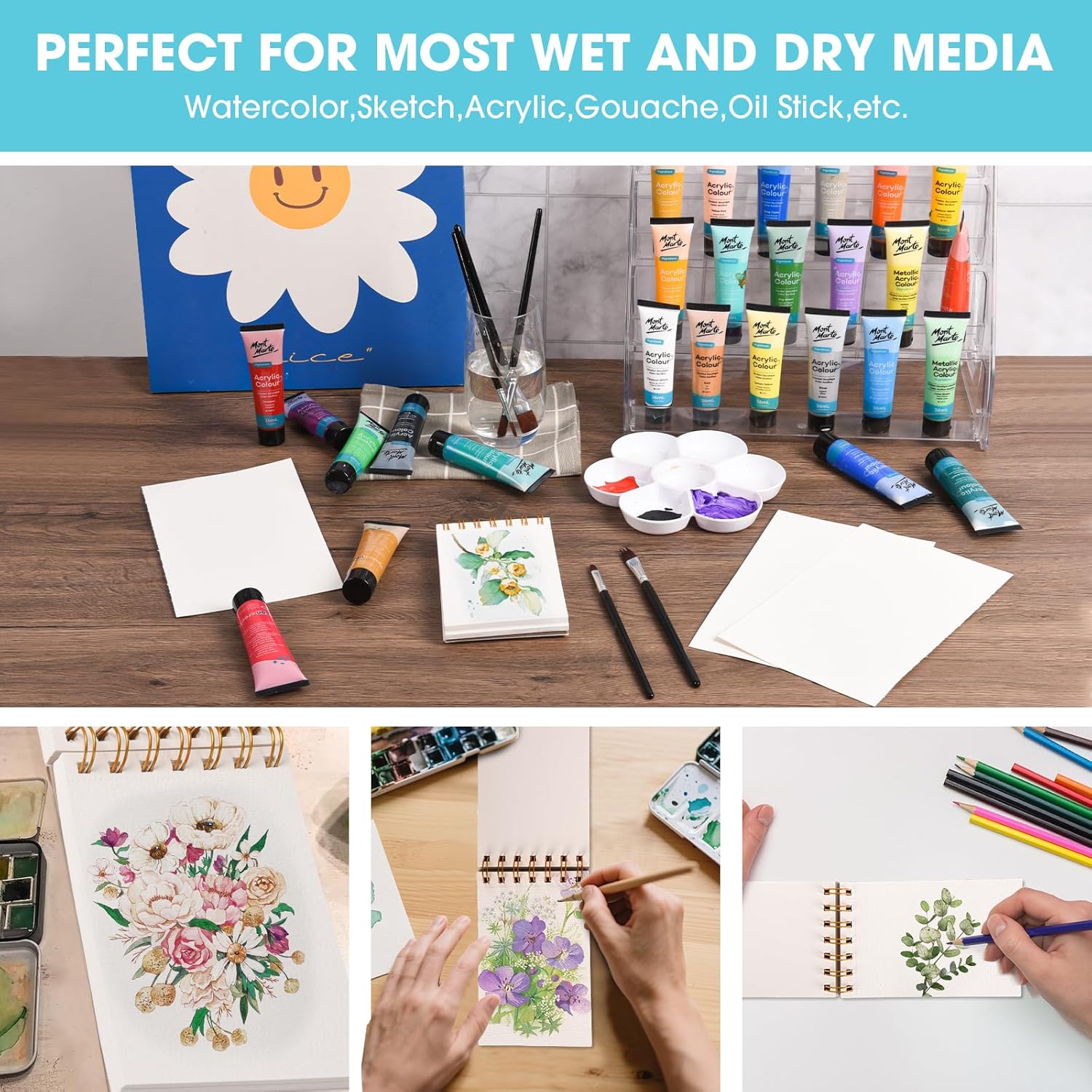 3-Pack 3.5"×5.5" Watercolor Paper Pad, 30 Sheets 140lb/300gsm Art Supplies for Adults Mixed Media Drawing, Premium Watercolor Sketchbook for Paint, Watercolor Pencils, Markers, Charcoal, Oil Pastels