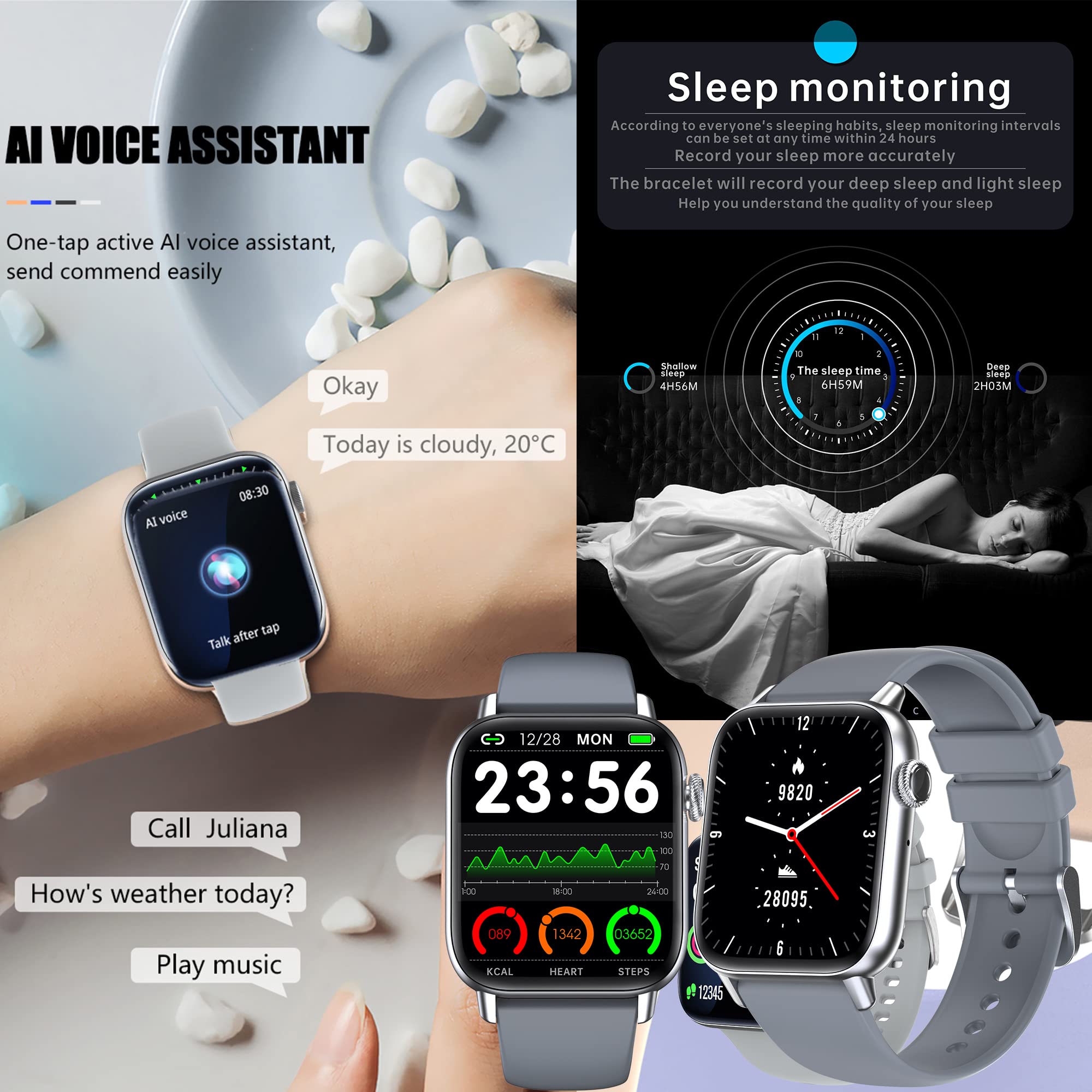 Smartwatch Donna Chiamate e Risposta Bluetooth, Orologio Smartwatch 123 Modalità Sport Salute Fitness Tracker Contapassi Pressione Sanguigna SpO2, Monitoraggio del Sonno per Android iOS (Argento)