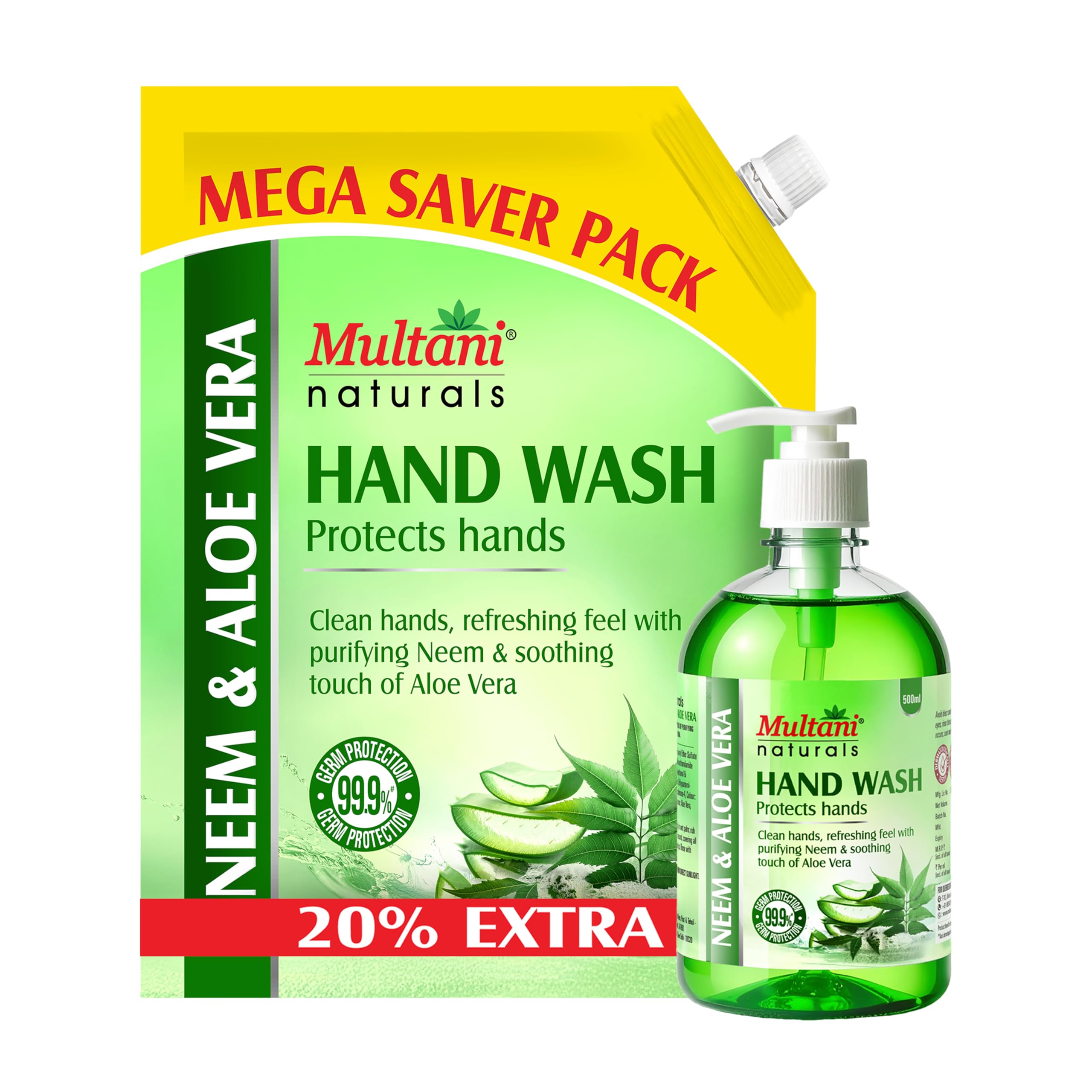 Multani Natural Neem & Aloe Vera Hand Wash Pump + Refill (500ml +1200ml) | Gentle Hand Cleanser with Natural Ingredients | 99.9% Germ Protection Liquid Hand Wash-image-21