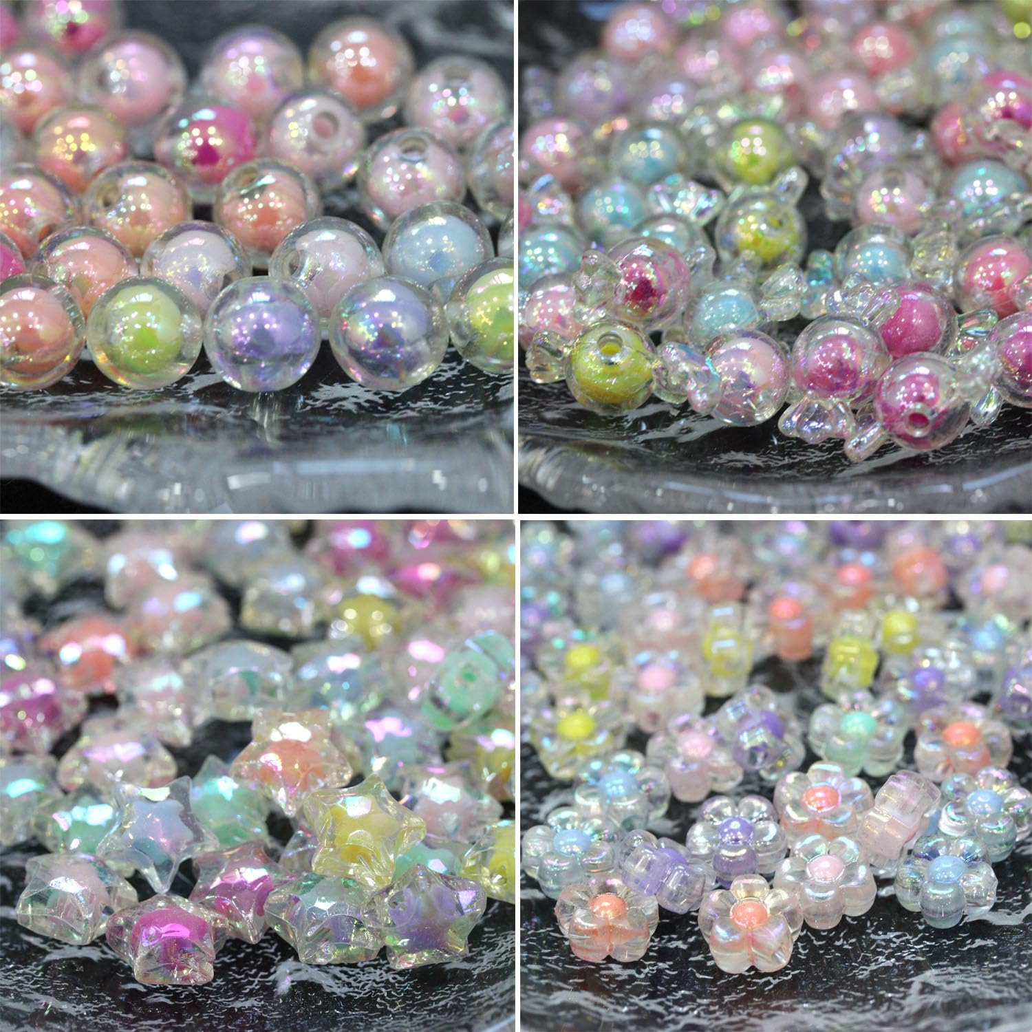 250 Stück Acrylperlen, BetterJonny AB-Farben, Pastellperlen, Blume, runde Sterne, Süßigkeiten-Perlen, Kunststoff, lose Perlen für Schmuckherstellung