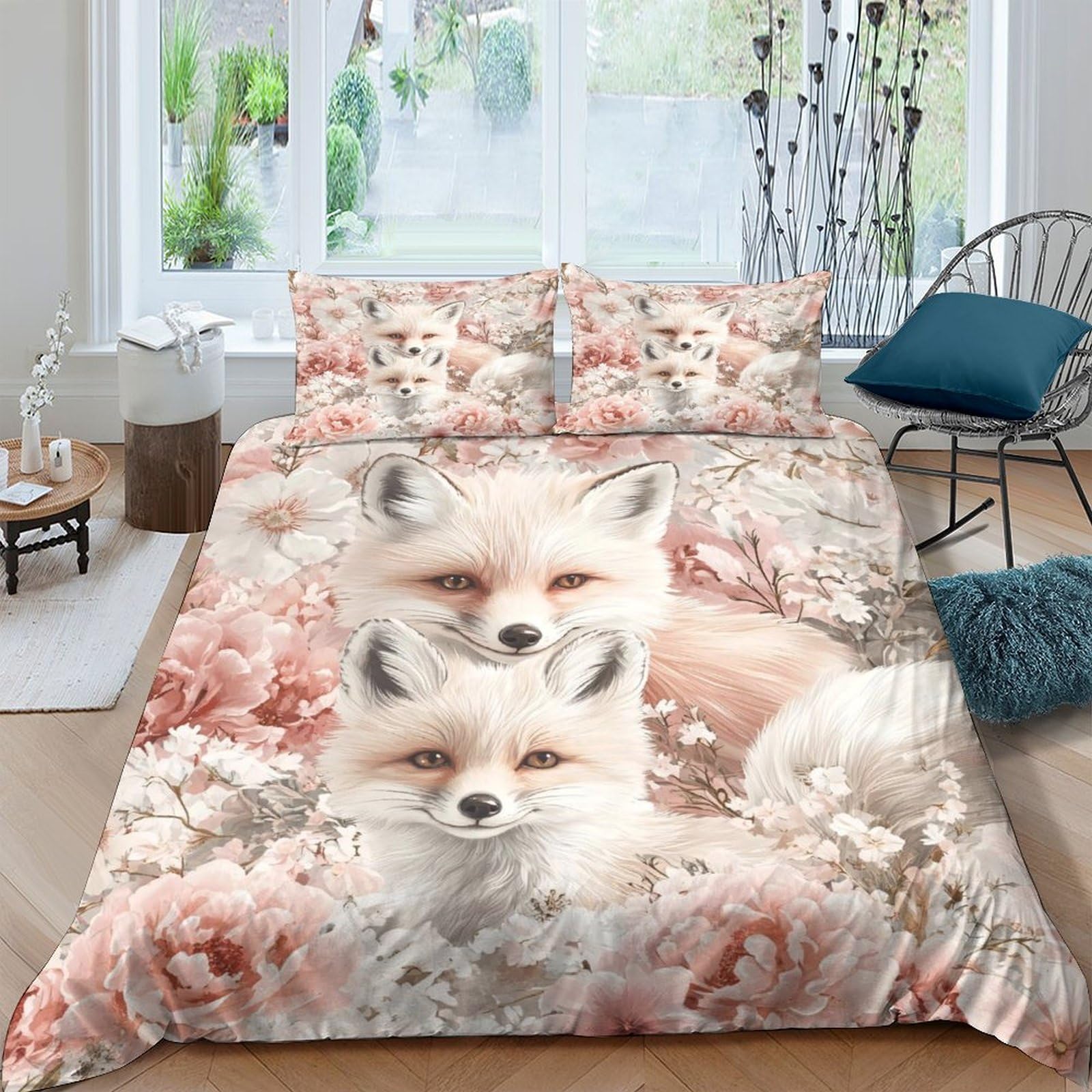 GPLZQXKJNH 3D Printed Fox Forest Duvet Cover Set Microfiber Soft Breathable Floral Bedding Set with 2 Pillowcases for Bedroom Single（135x200cm）
