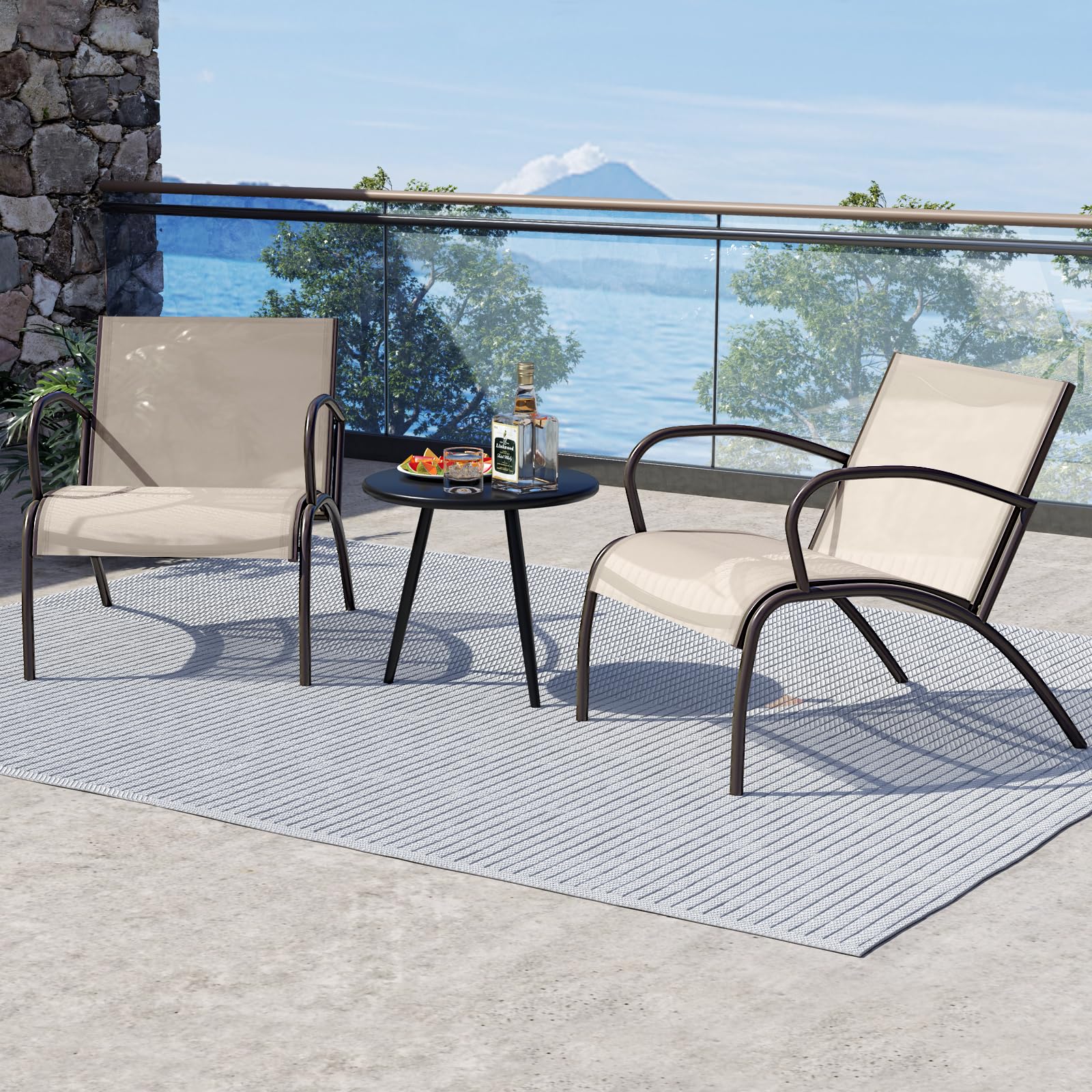 GOPLUS Conjunto de Mesa Redonda y 2 Sillas Jardin, Mueble Comedor para2 Personas, Carga 180 kg/50kg, Tela Transpirable, Marco de Metal, para Patio, Terraza, Piscina