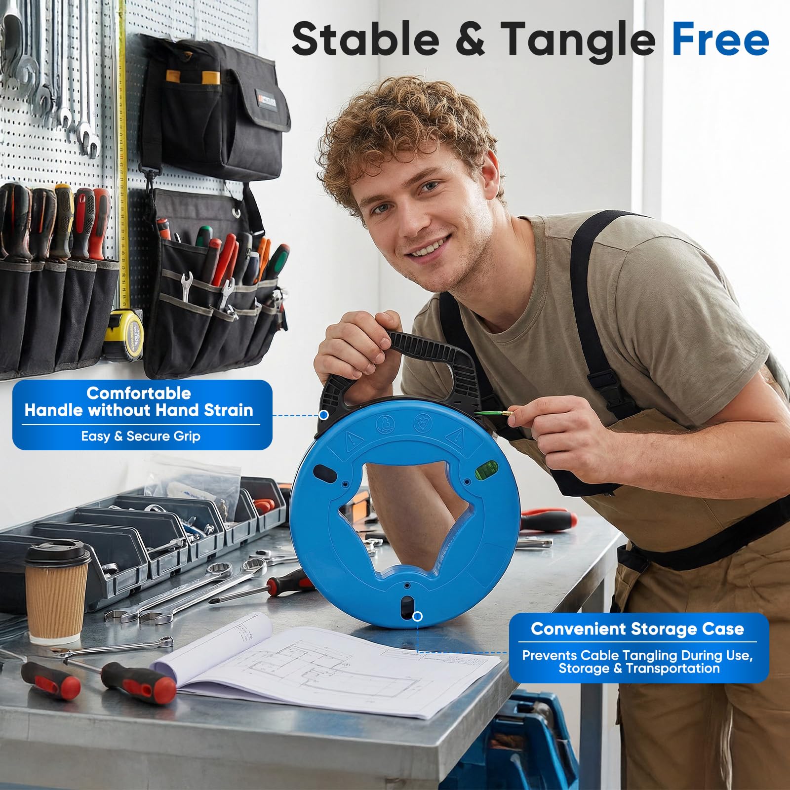 Aiguille Electricien 30m 4.5 mm, 360° Aide à la Rétraction Manuelle pour Chantier, Tire Fil en Acier Electrique Tire Câbles Atelier & Jardin - Système Antidérapant Léger