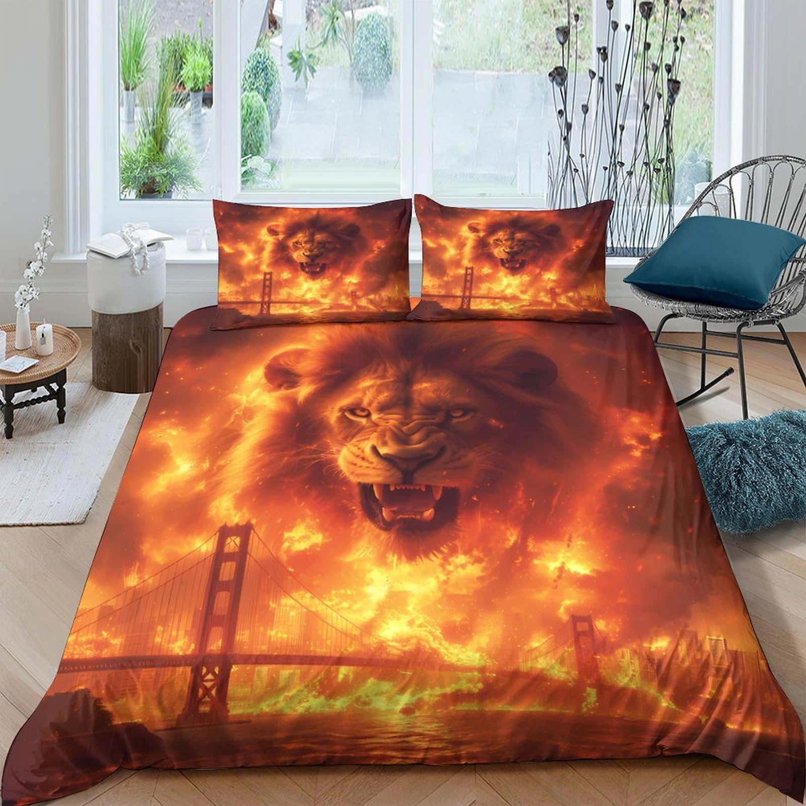 Ctjqhvkz Style-2 3D Printed Fiery Lion Fitted Sheet Microfiber Soft Mattress Cover Orange Flame Art For Bedroom Guest Room Decor Single（135X200cm）
