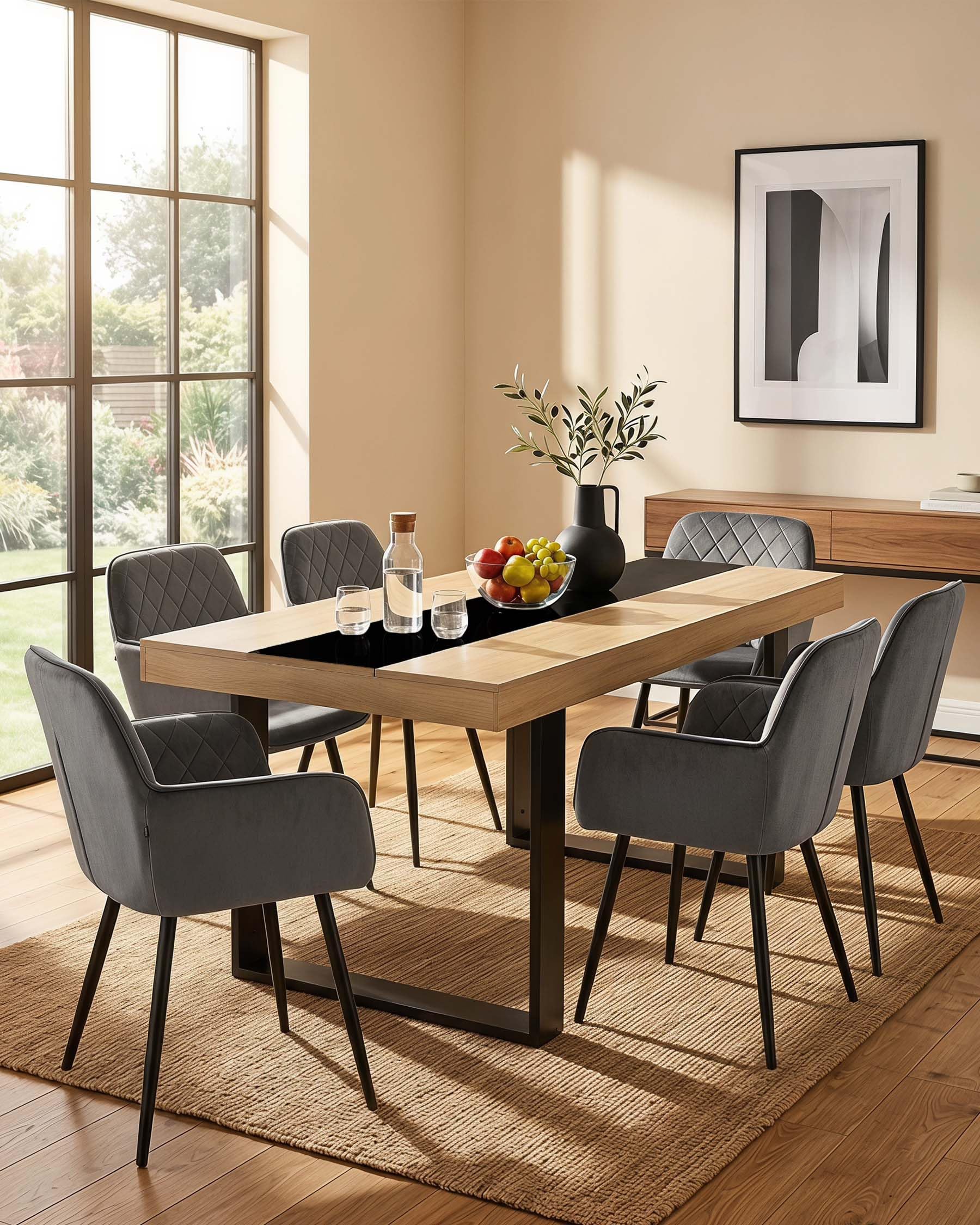 Mesa de Comedor Madera Haya Mesa Cocina 4 a 6 Personas 160×80×75cm | La franja central negra y el marco grueso crean un estilo industrial mientras dos bastidores de madera en U aportan apoyo