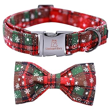 Lionheart glory Christmas Plaid Dog Collar Adjustable Soft Dog Collar with Bowtie, Pet Gift Dog Collars Bow for Small Medium Large Dogs