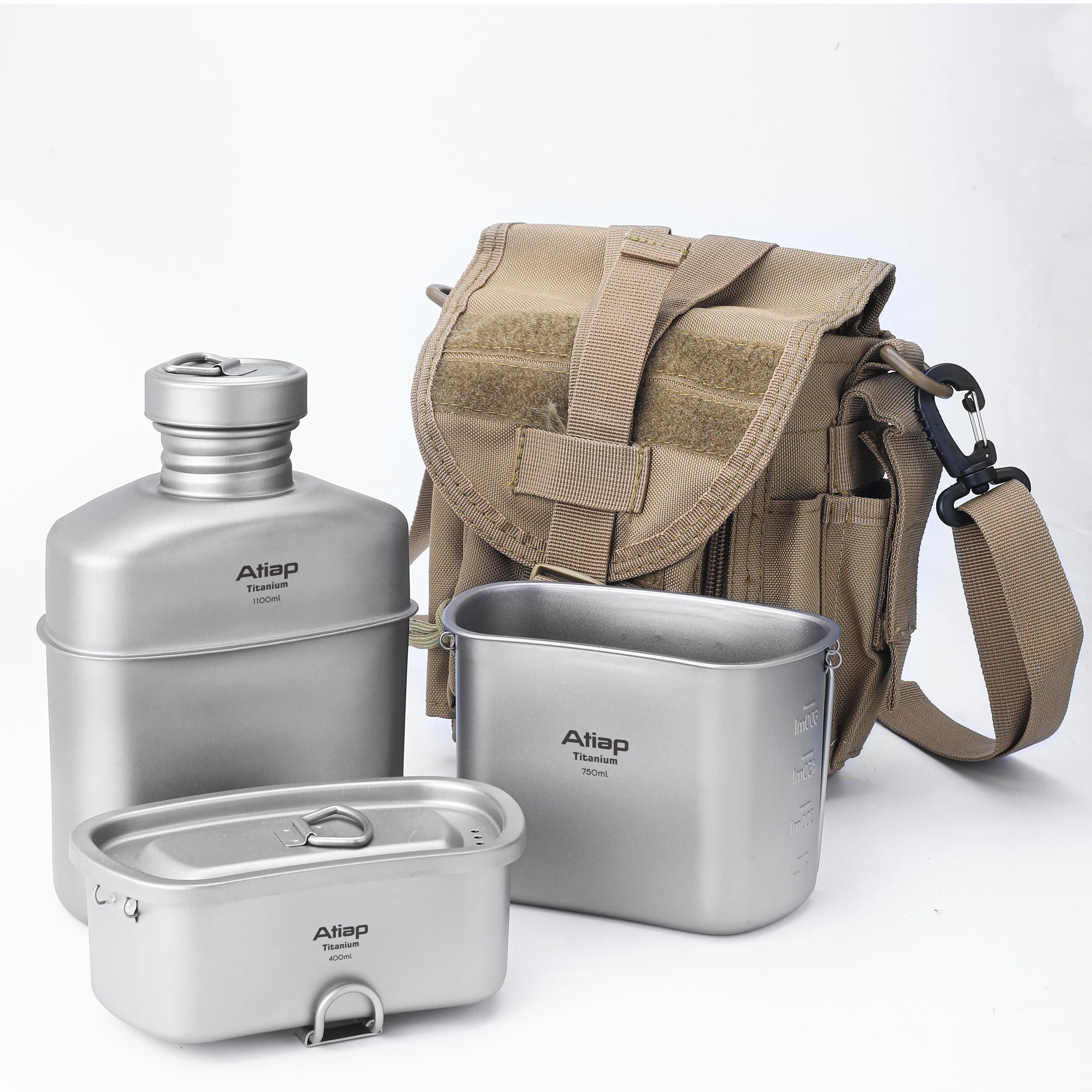 Titanium Canteen zestaw bałaganu z dzbankiem na butelkę wody, ultralekki przenośny garnek 1100 ml z kubkami 750 ml i 400 ml do układania w stos na świeżym powietrzu kemping piesze wycieczki