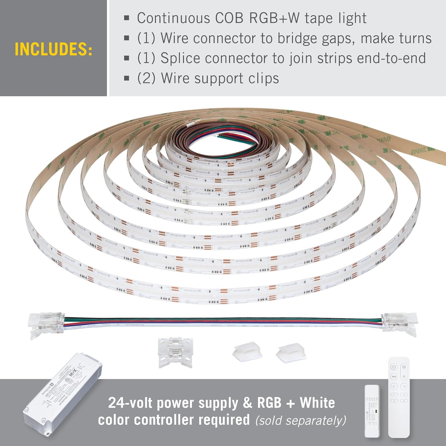 Armacost Lighting RibbonFlex Pro 24V COB LED Strip Light Tape RGB+W, 300 Lumens/Ft, 10M 177730N