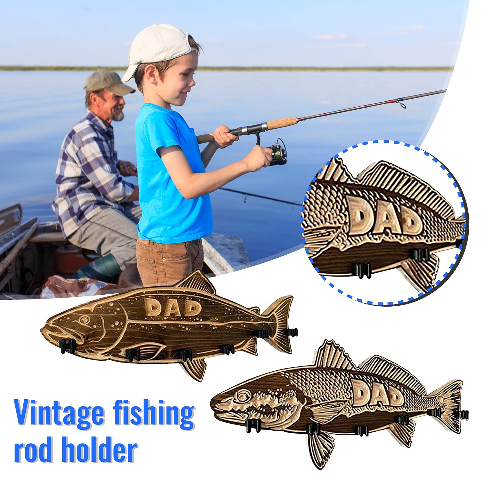 Fishing Rod Holder,Wood Large Mouth Bass Fishing Pole Storage Rack with 6 Rod Anglers Rod Supports for Garage Door Wall Mount Home Decorations 