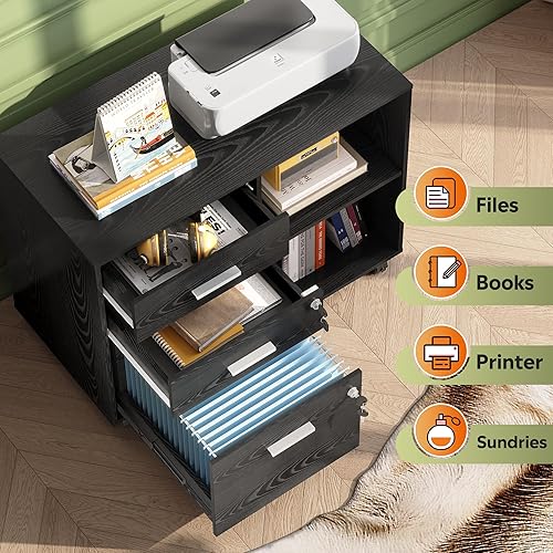 Miniatura 18 de DEVAISE Archivador de madera de 3 cajones con cerradura, archivador lateral móvil, soporte de impresora con estantes de almacenamiento abiertos