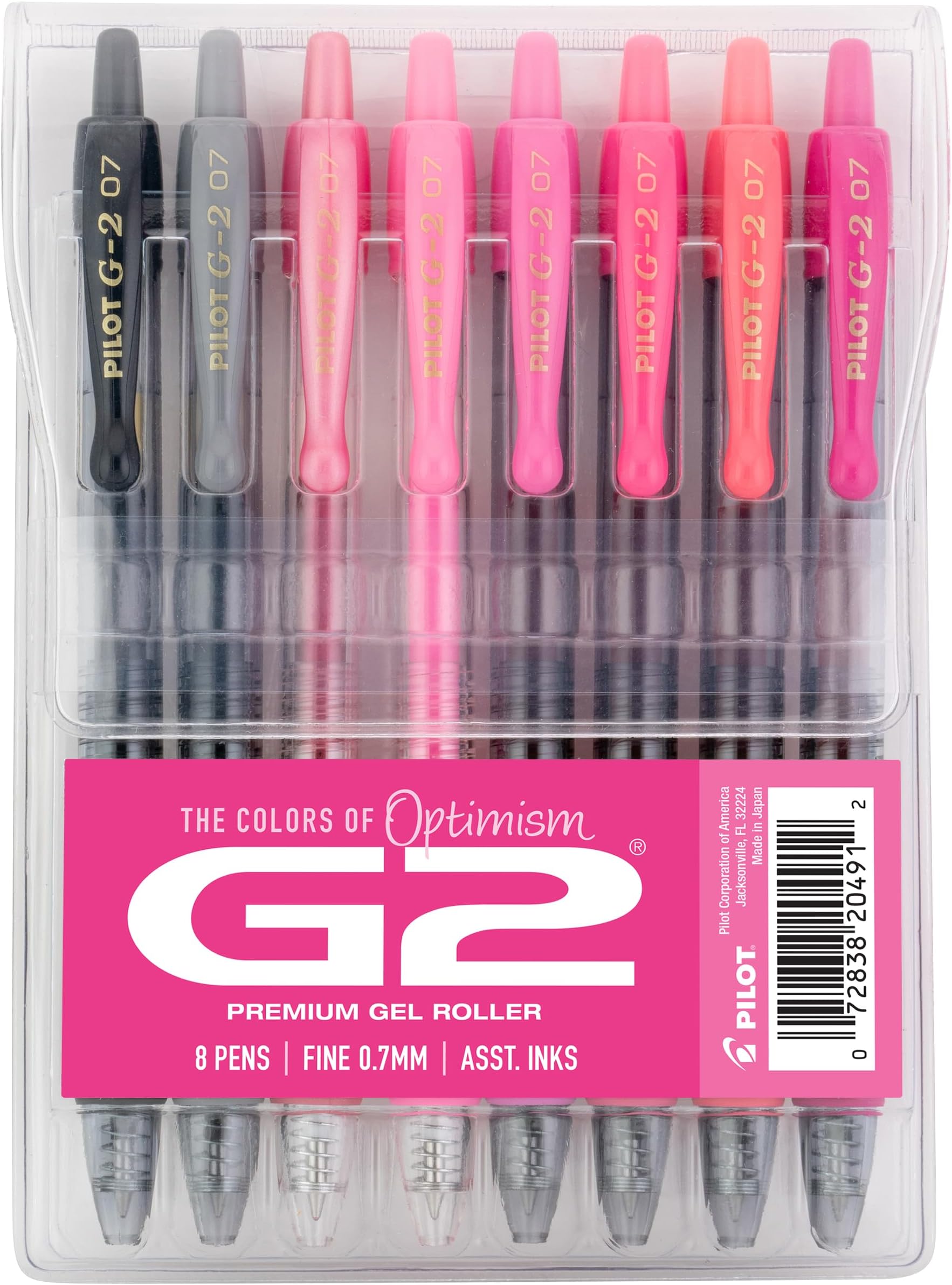 Pilot, G2 Premium Gel Roller Pens, G2 Boost Pink Pack, The Colors of Optimism, 8 Pack Pouch, Fine Point 0.7 mm, Assorted