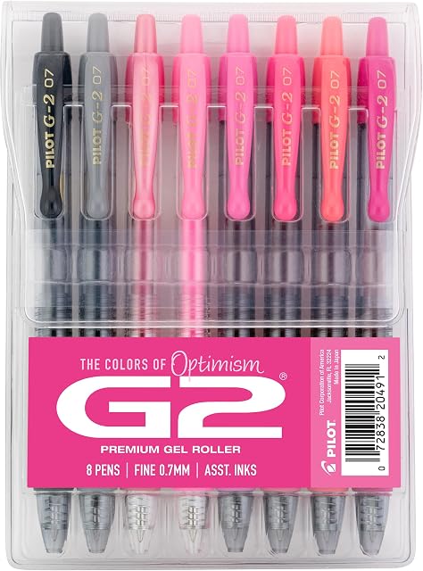 Pilot G2 Premium Gel Roller Pens, G2 Boost Pink Pens Pack, The Colors of Optimism, 8 Pack Pouch, Fine Point 0.7 mm, Assorted