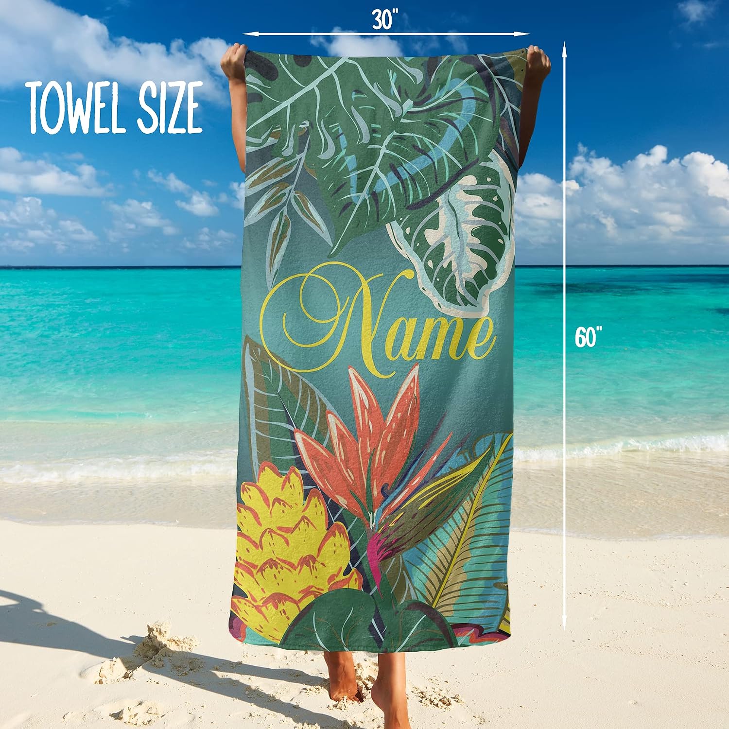 Tropical Beach Towel, Green Personalized With Names for Girls Women 30x60, Custom Sand Free Pool Towel for Kids Adults, Monogram, Bright T61
