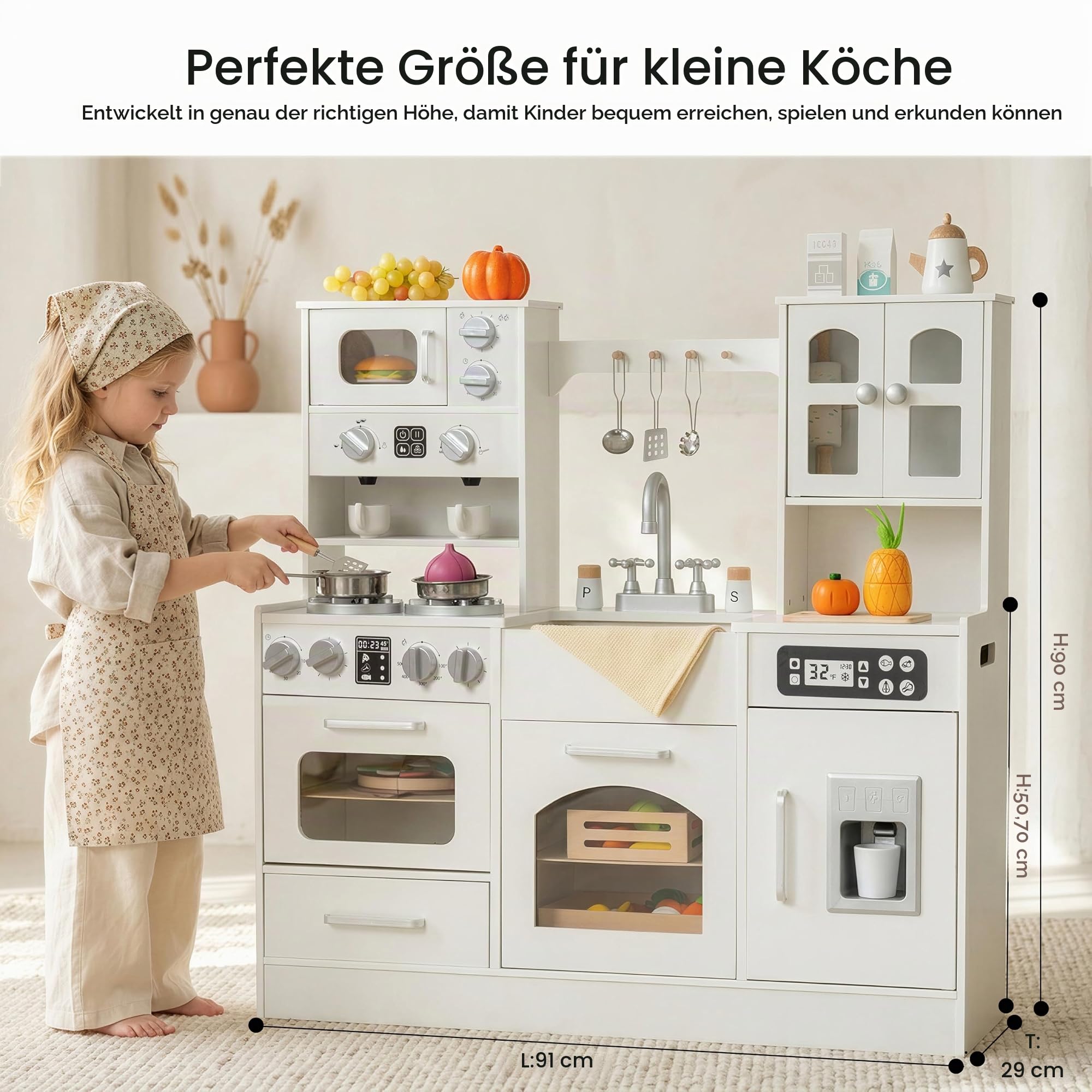 Holz-Spielküche für Kleinkinder & Kinder mit Licht & Sound, großes interaktives Rollenspiel-Küchenset mit Eiswürfelbereiter, Herd, Spüle & Backofen, 12 Zubehörteile – ab 3–8 Jahren