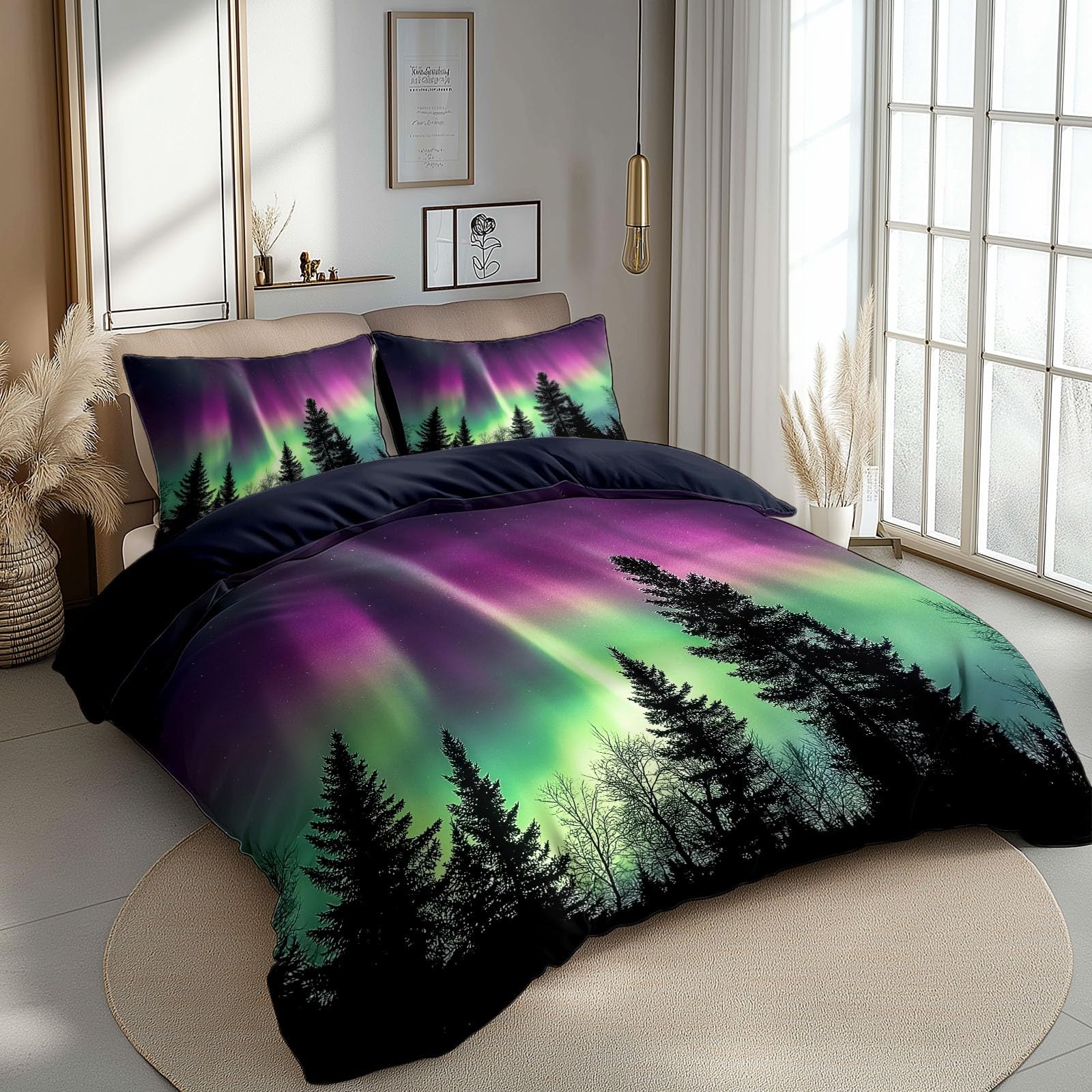 Dunkelblau Bettwäsche Set, Naturlandschaft Nordlichter Bäume Bettwäsche-Sets Weich Atmungsaktiv mit Reißverschluss Enthält 1 Bettbezug 155 x 220 cm und 2 Kissenbezüge 80x80 cm