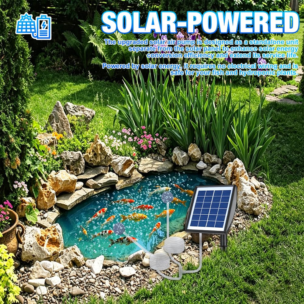 Solar Teichbelüfter, Solar Luftpumpe mit 2 Blasensteinen, IP64 Wasserdichter Sauerstoffgeber für Teich, Aquarium, Hydrokultur, Fischtank, Wasserbrunnen, Garten
