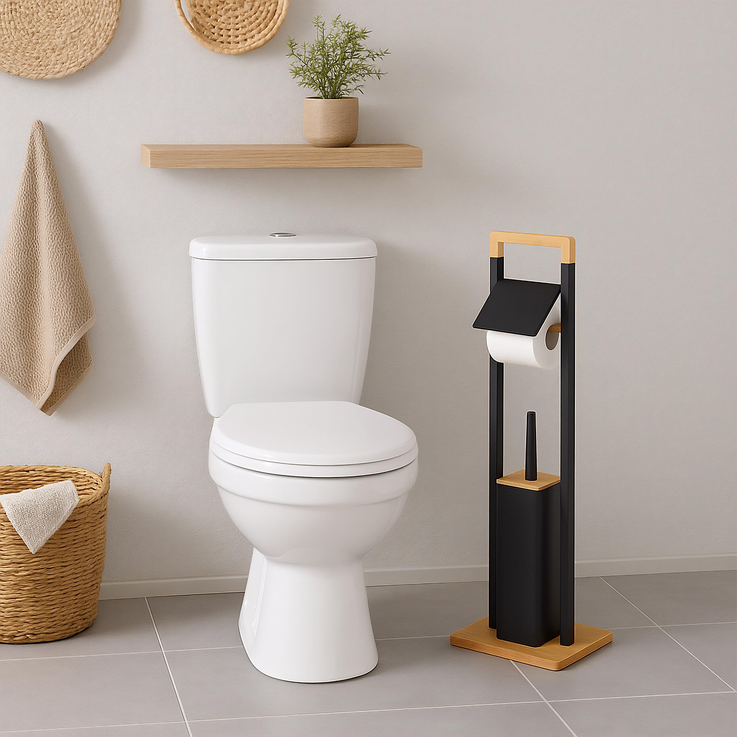 Ensemble WC Relaxdays, Bambou, Porte-Rouleau sur Pied, Brosse WC avec Support, 76,5 x 28 x 18 cm, Noir