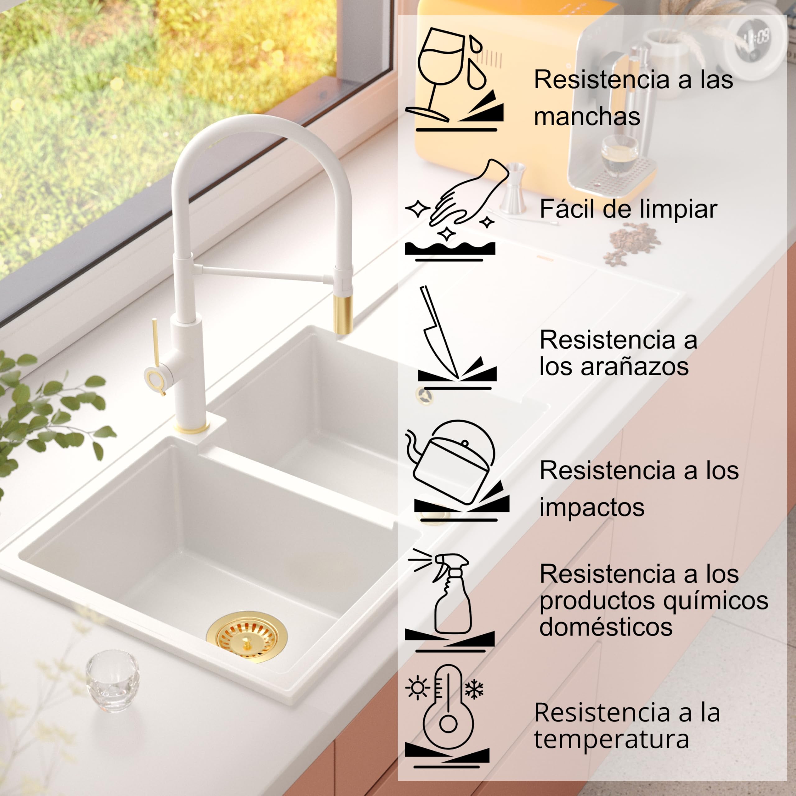 QUADRON fregadero doble cubeta blanco, EVAN 121 GraniteQ, fregadero de granito de 2 cubetas en 1160x500x210 mm, Push 2 Open fregadero con sifón y escurridor, elementos de cobre PVD