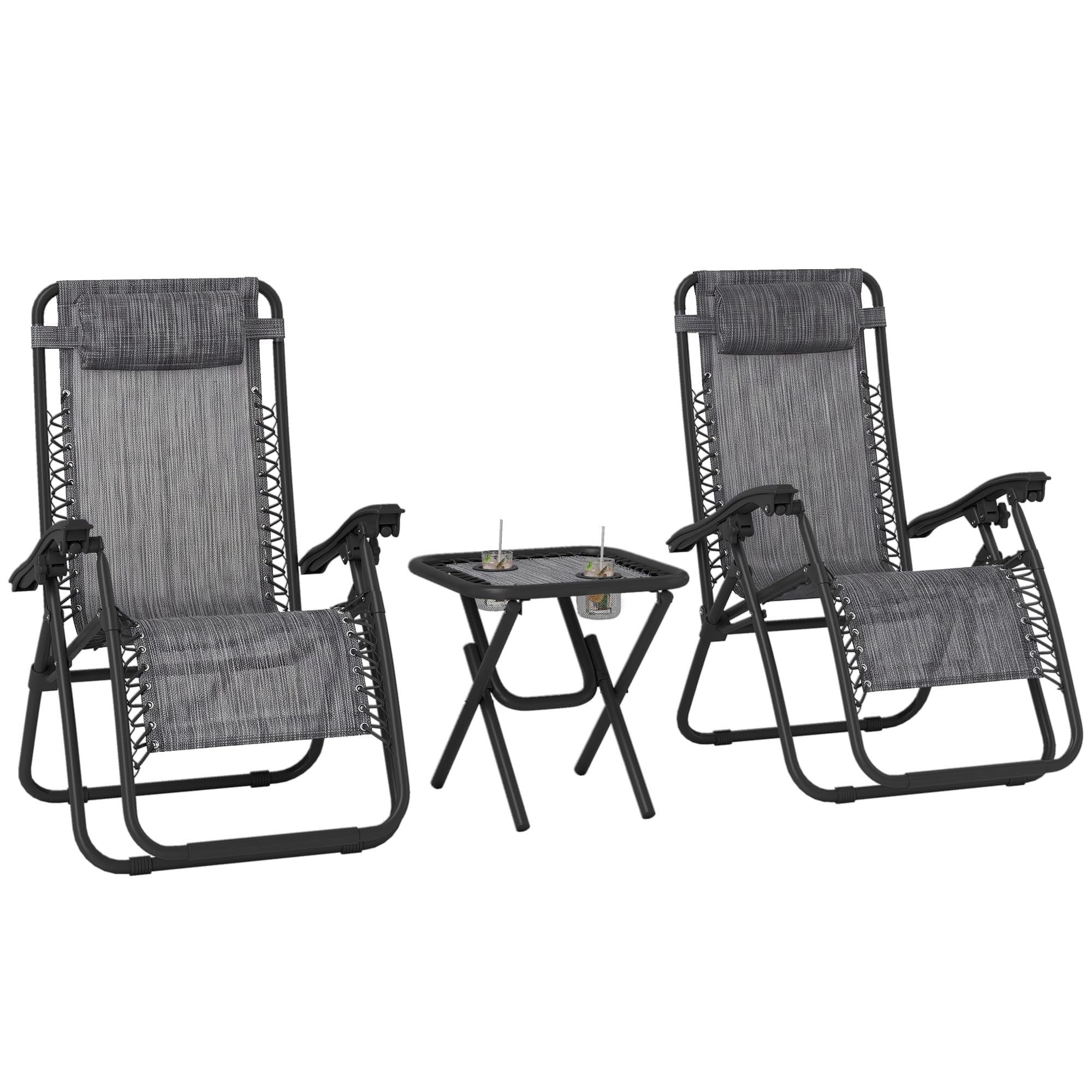 Outsunny Folding Zero Gravity Chairs, 3 Pieces Adjustable Sun Lounger and Table Set with Cup Holder and Headrest, Patio Bistro Set with Reclining Garden Chairs for Outdoor, Light Grey