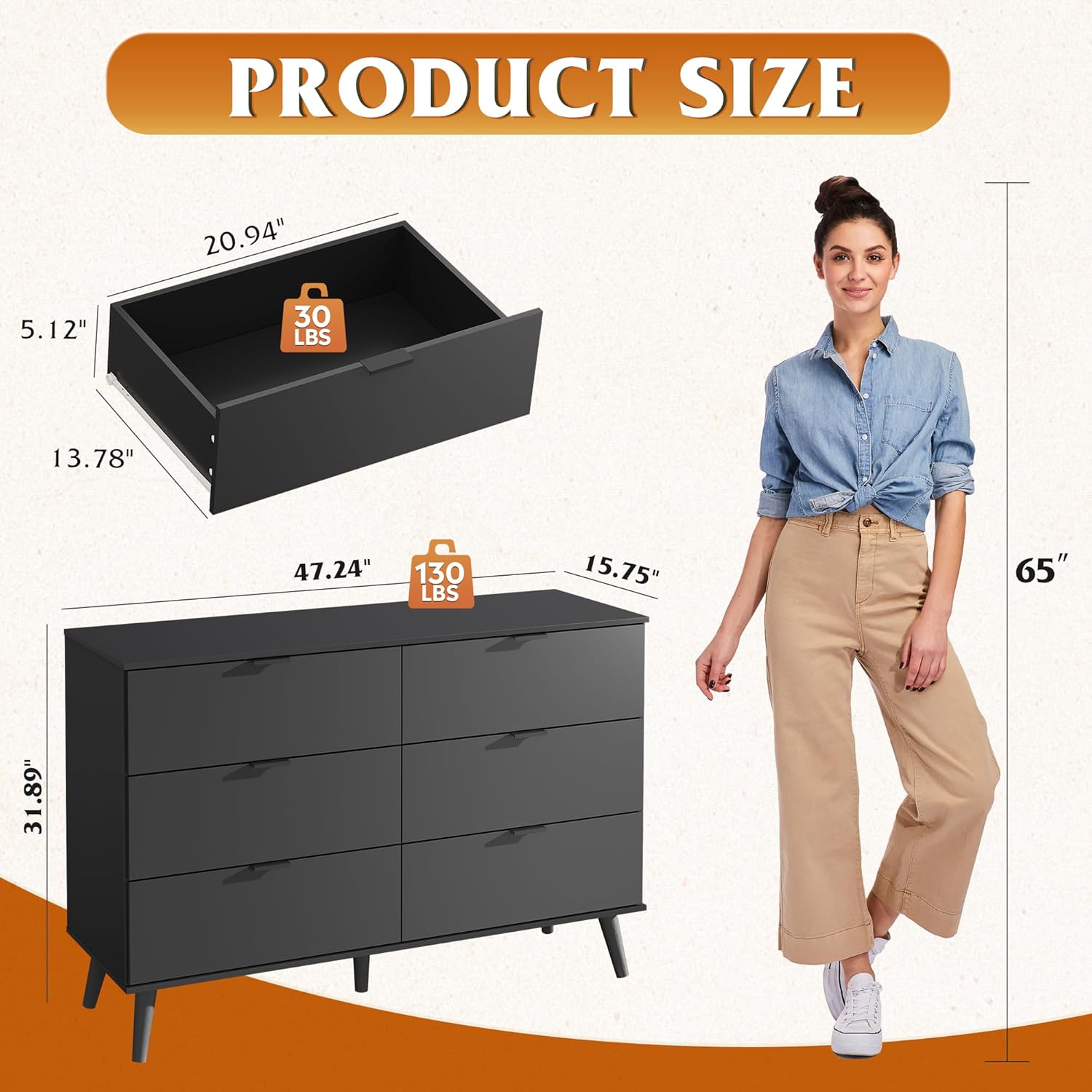 WLIVE Black Dresser for Bedroom, 47'' Wide 6 Drawer Wooden Chest of Drawers, Modern Dresser Storage Organizer, TV Stand for 55 inch TV, for Living Room, Hallway, Closet