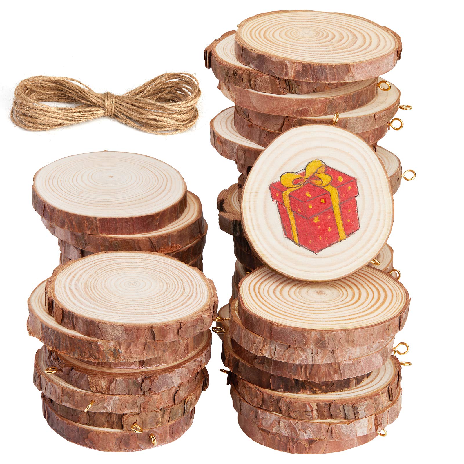 Unfinished Wood Slices,Panamela 40 Pcs 2.4-2.8 Inch Wood Ornaments for Crafts,with Eye Screw for Craft Supplies & Materials, Personalized Rustic DIY Ornaments,Wedding Decorations