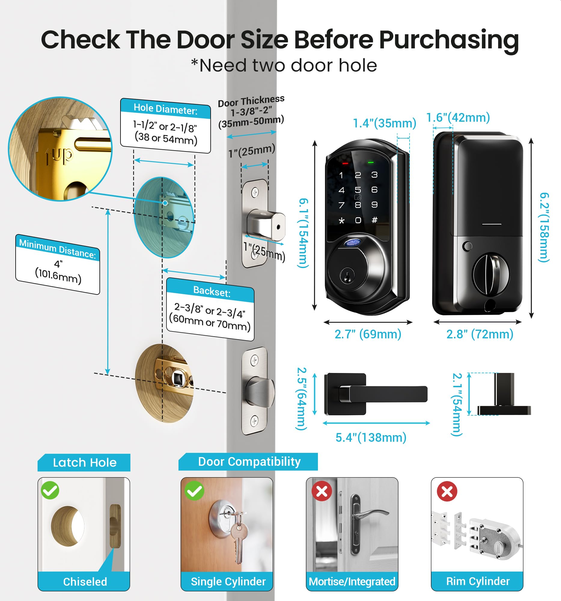 Veise VE07-L Fingerprint Smart Locks for Front Door with 2 Lever Handle Set, App Control, Keyless Entry, Electronic Digital Keypad Deadbolt, Auto Lock, Waterproof, Easy to Install, Matte Black