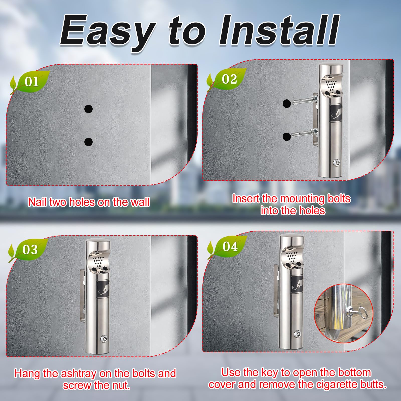 2 ceniceros de pared para exteriores de acero inoxidable, cenicero de pared público con cerradura, resistente a la intemperie, cenicero tubular montado en la pared para restaurantes, oficina, hotel