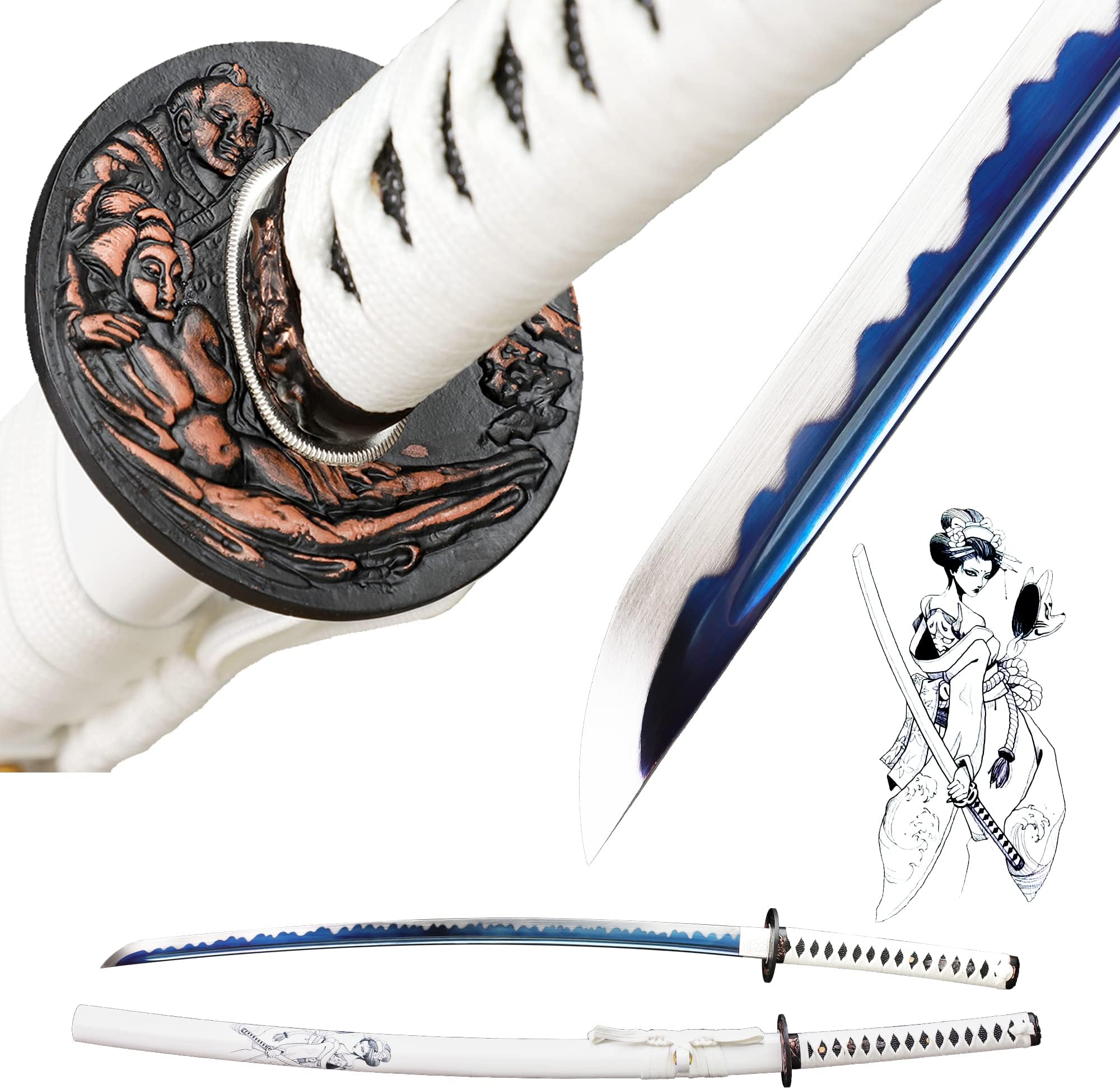 CHENGYING Katana Sword,Real 41 Inch 3.42 Pound Full Tang White Japanese Samurai Sword CY-2022ABUA-1,We Provide a Variety Katanas,Perfect for Gifts and Collections (1.White Samurai)