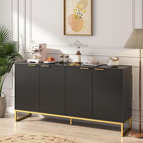 Miniatura 1 de Fiogmub Armario de acento estriado, armario de cocina con 4 puertas acanaladas, armario de almacenamiento moderno con estantes ajustables para sala