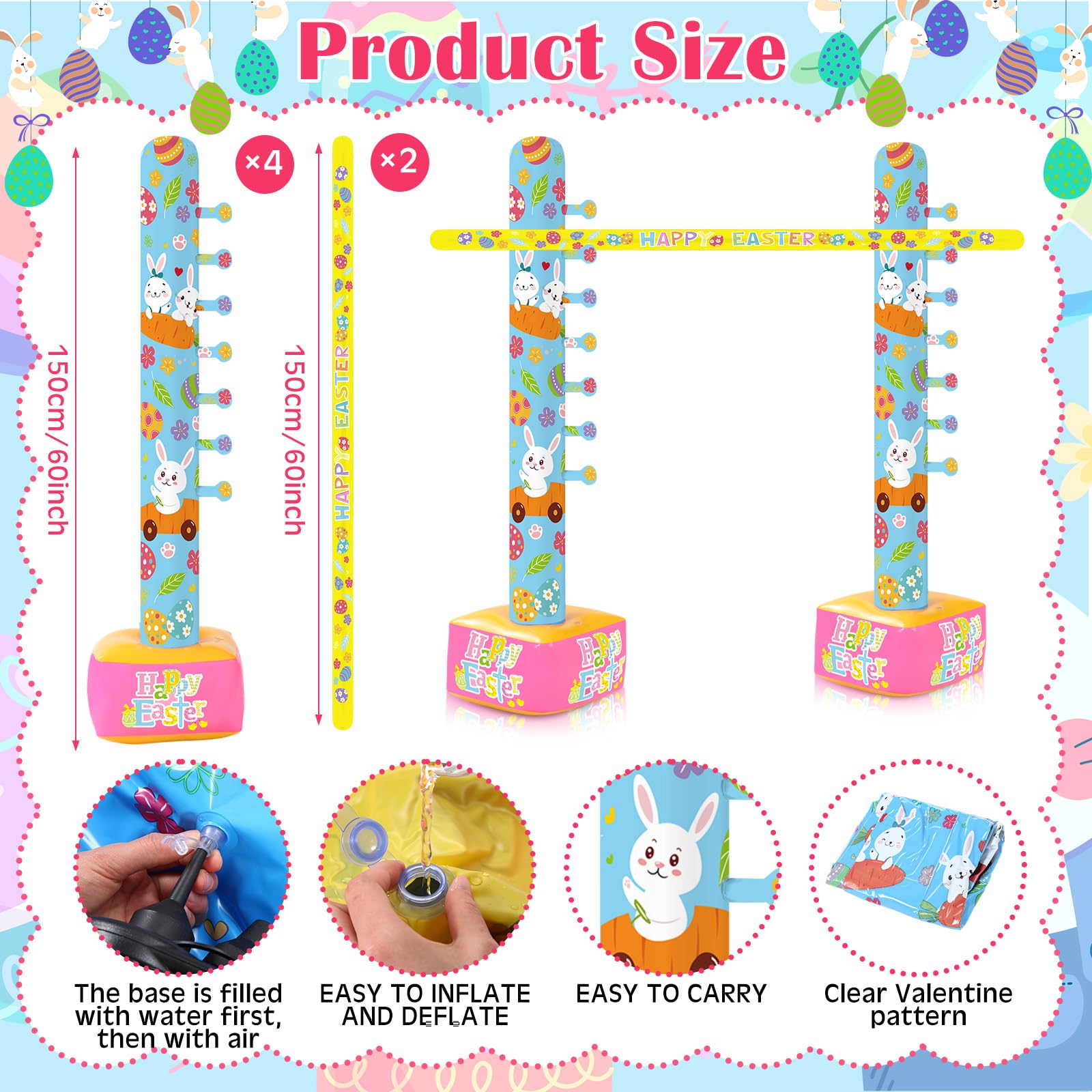 Gejoy 2 Pcs Easter Inflatable Limbo Party Game for Adults Kids 59 Inch Giant Easter Inflatable Outdoor Decorations Carnival Pole Game for Yard Beach Pool Classroom Egg Hunt Party