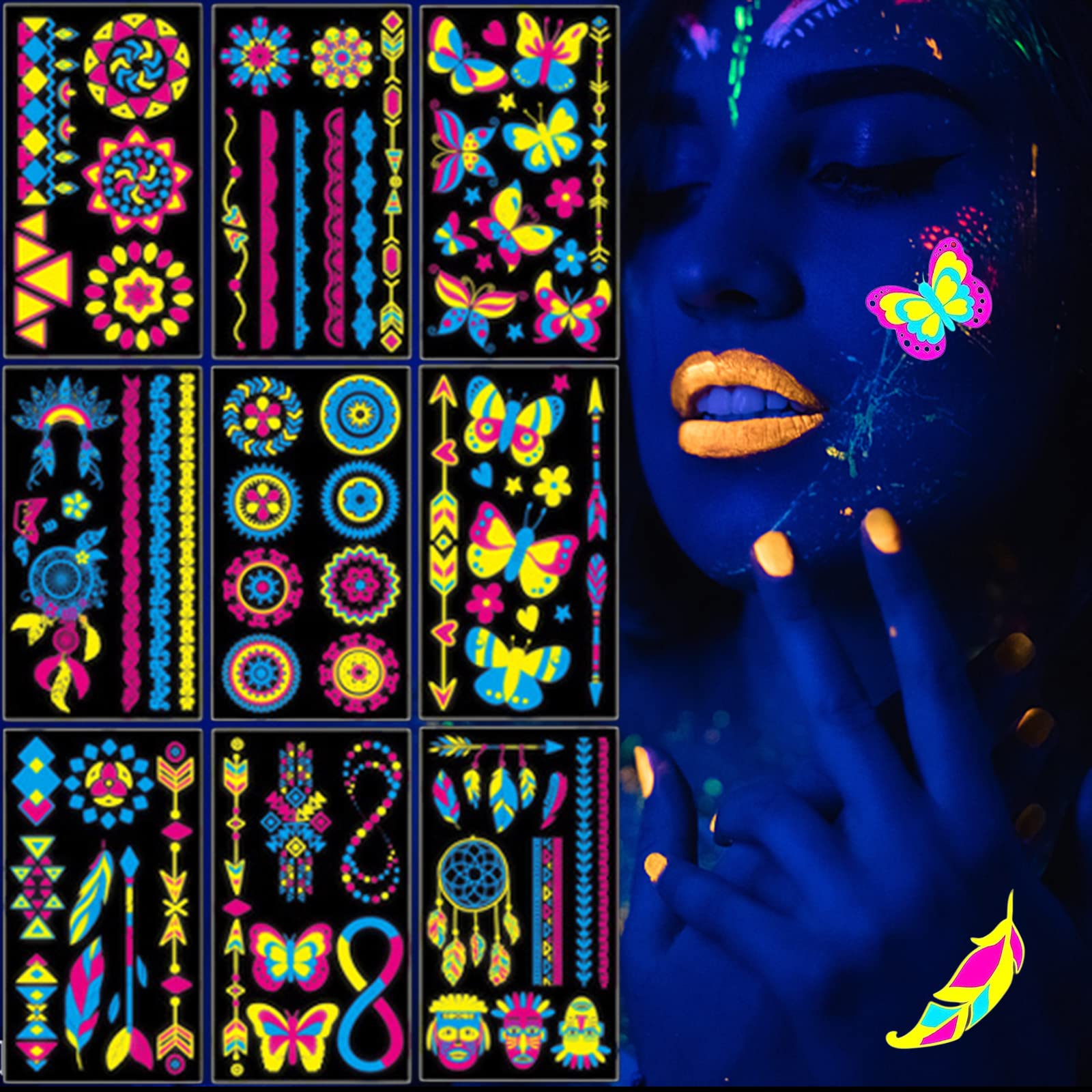 ExceLife 10 Sheets Neon Temporary Tattoo, 120+Styles Glow in the Dark UV Neon Tattoos Stickers Glitter Body Face Fake Waterproof Tattoo Stickers Rave Festival Accessory Party Supplies