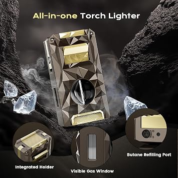 All-in-one Butane Torch Lighter with Punch, Draw Enhancer, Holder, Triple Windproof Flame and V Tool,Refillable Butane Lighters with Gift Box for Men, Cool Lighters for Travel, Outdoor, Candle