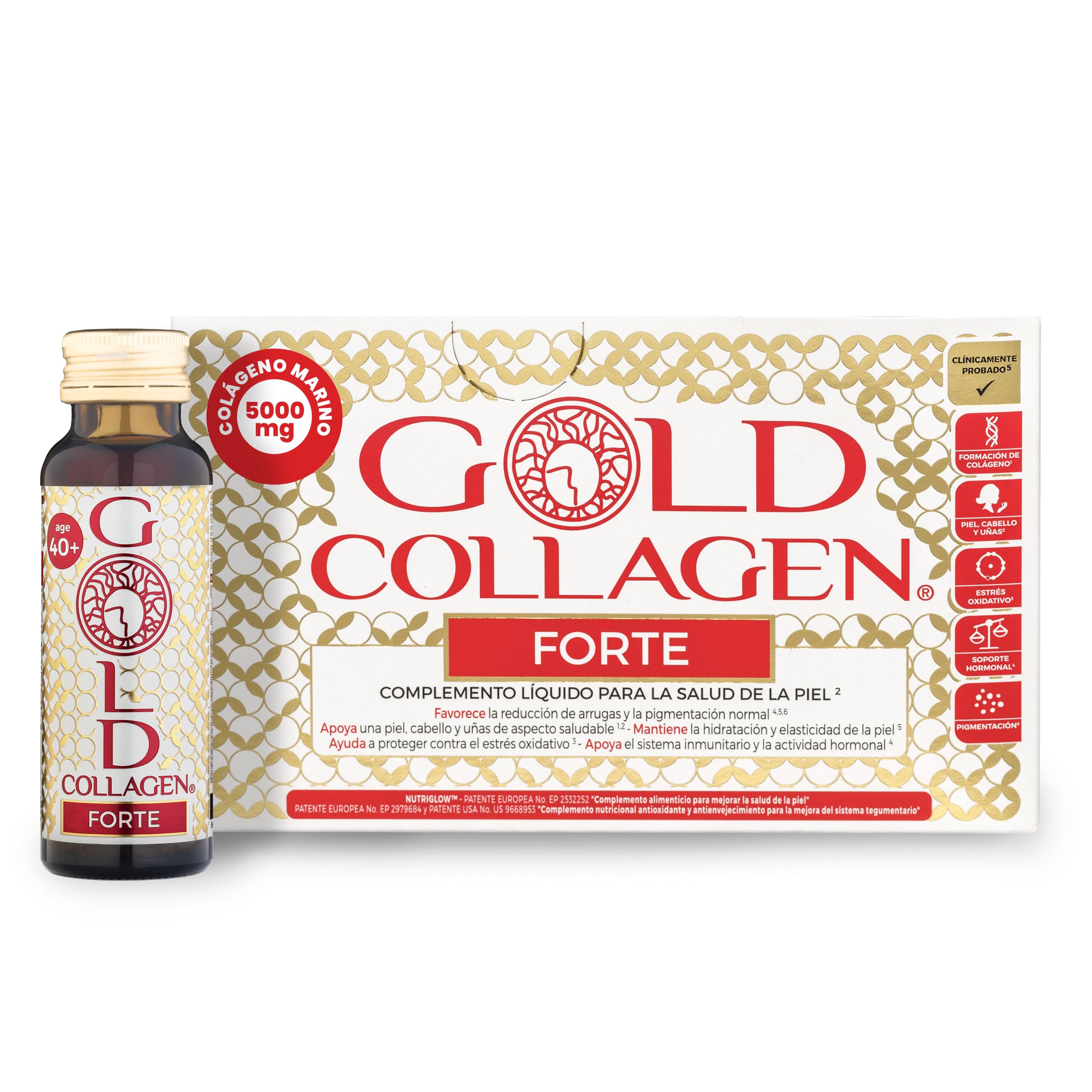 GOLD COLLAGEN Forte - Complemento de Colágeno Marino Hidrolizado Antiarrugas para Sistema Inmunitario con Vitamina C y Ácido Hialurónico, Biotina para el Cabello Piel y Uñas 1 Caja 10 Botellitas 50 ml