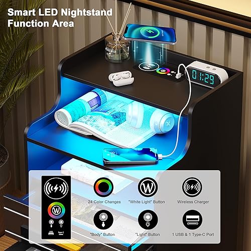 Miniatura 3 de HNEBC Mesita de noche LED RGB con estación de carga, mesita de noche negra con 3 cajones, mesita de noche inteligente con puertos de carga