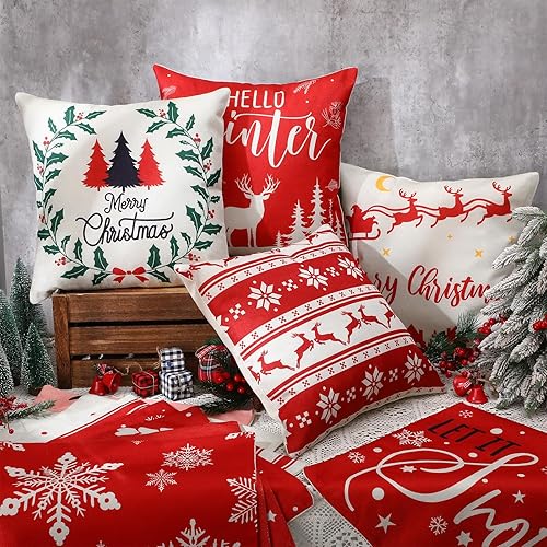 Miniatura 7 de Huwena 12 fundas de almohada de Navidad de 18 x 18 pulgadas, fundas de almohada de Navidad para el hogar, decoración de árbol de Navidad, fundas de