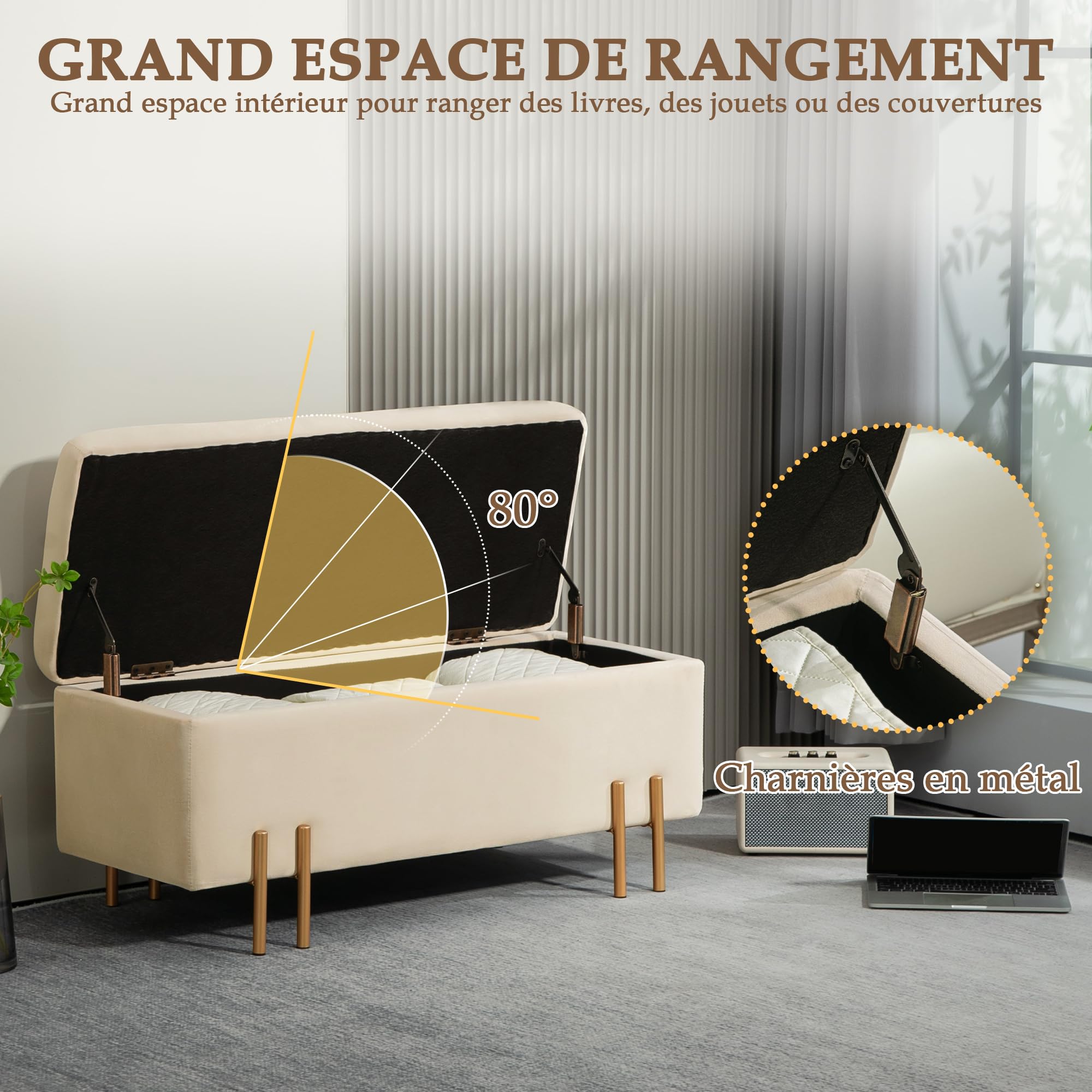 HOMCOM Banc de Rangement Design Contemporain 100L x 40l x 42H cm Beige | Coffre de Rangement, Banc avec Espace de Stockage, Velours, Piètement Métal Doré, Meubles pour Entrée