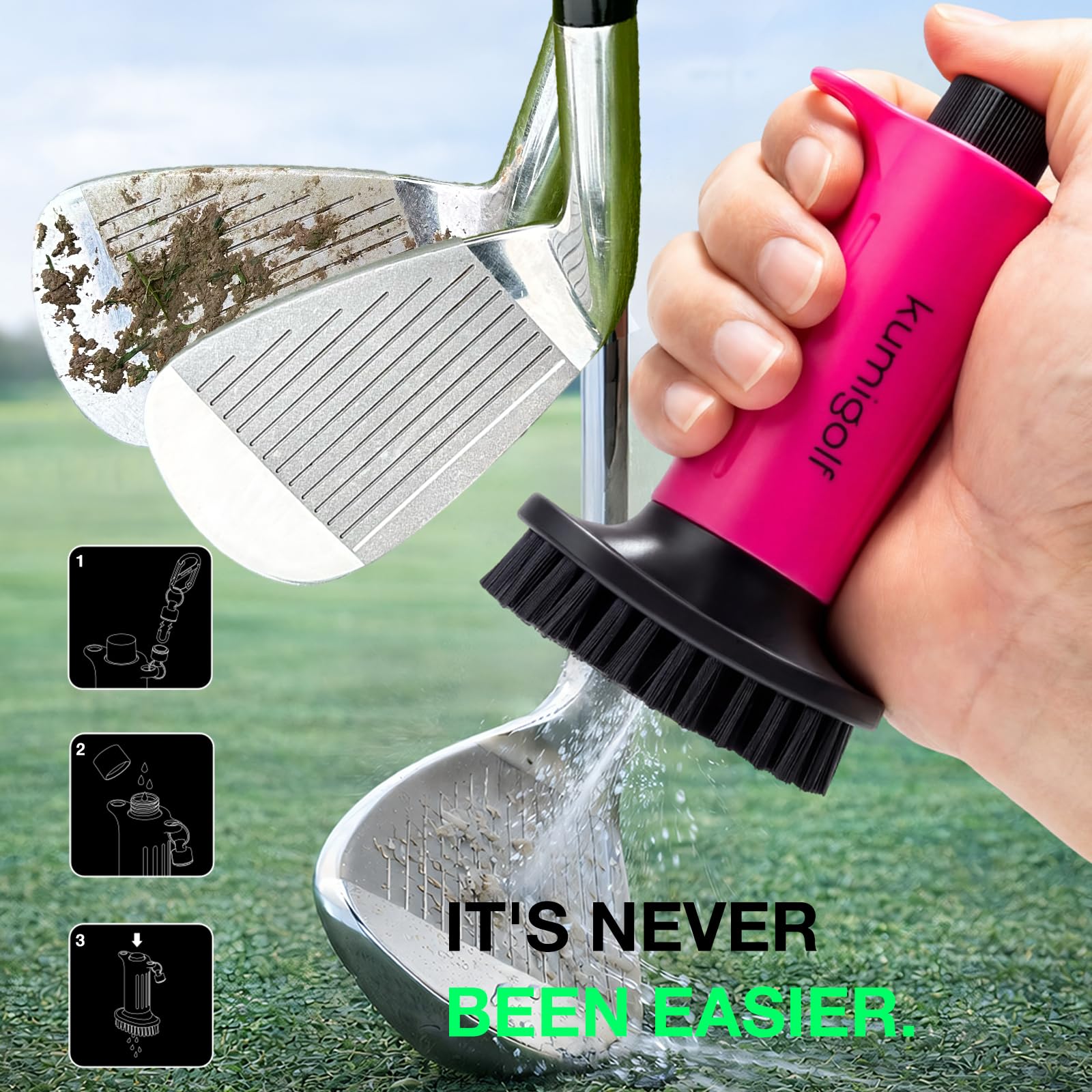 Cepillo de agua H3, función de pulverización y clips magnéticos, cepillo para palos de golf y limpiador de club de golf, cerdas de nailon de alta calidad y fuertes para superficies de palo,