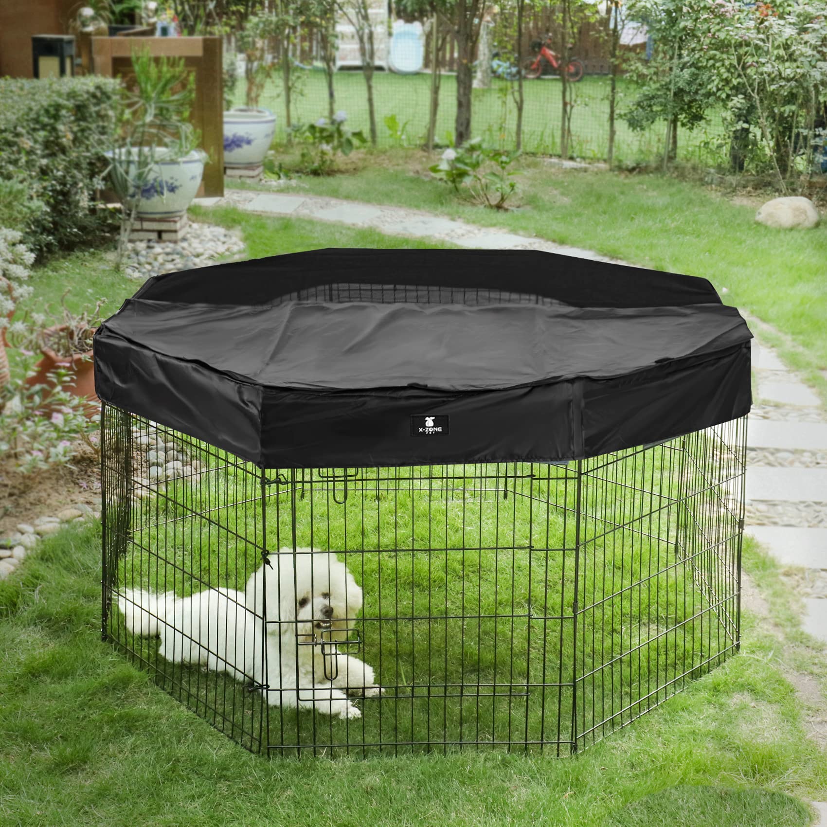 X-ZONE PET Foldable Metal Pet Playpen with Top Cover, Portable Heavy Duty Wire Exercise Pen for Dogs/ Cats/ Chicks/ Rabbits, Indoor/ Outdoor 8 Panel Pet Fence-24 Inch
